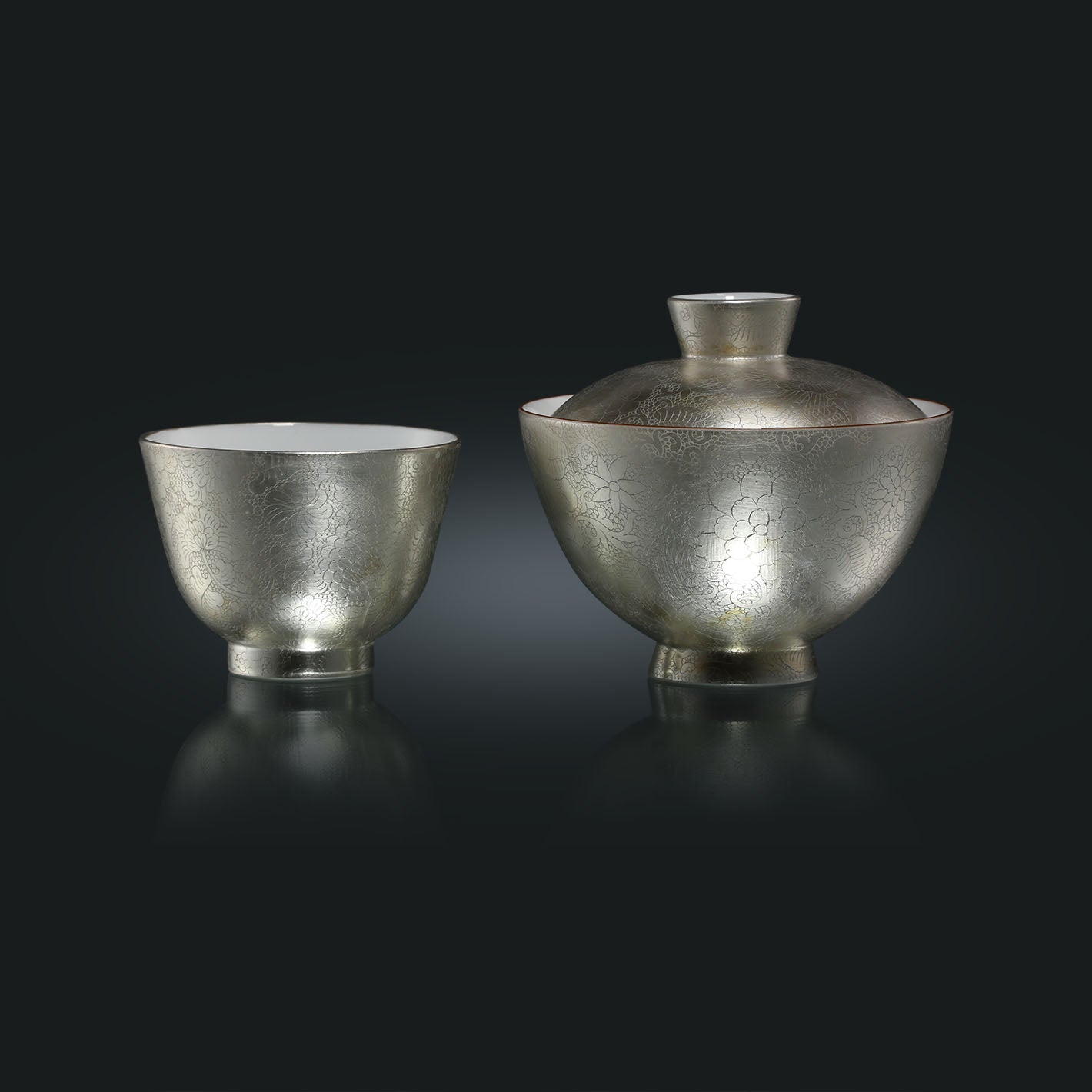 Hand-carved, fully decorated silver-glazed covered bowl/cup