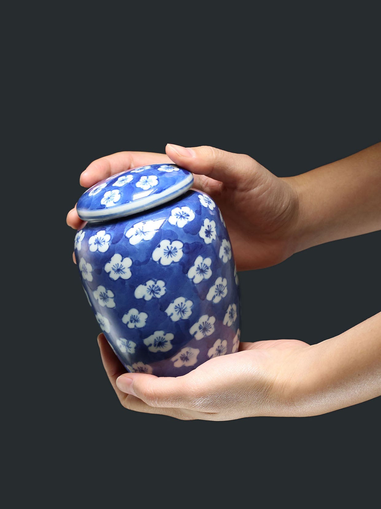 Blue and white porcelain tea canister with auspicious floral patterns
