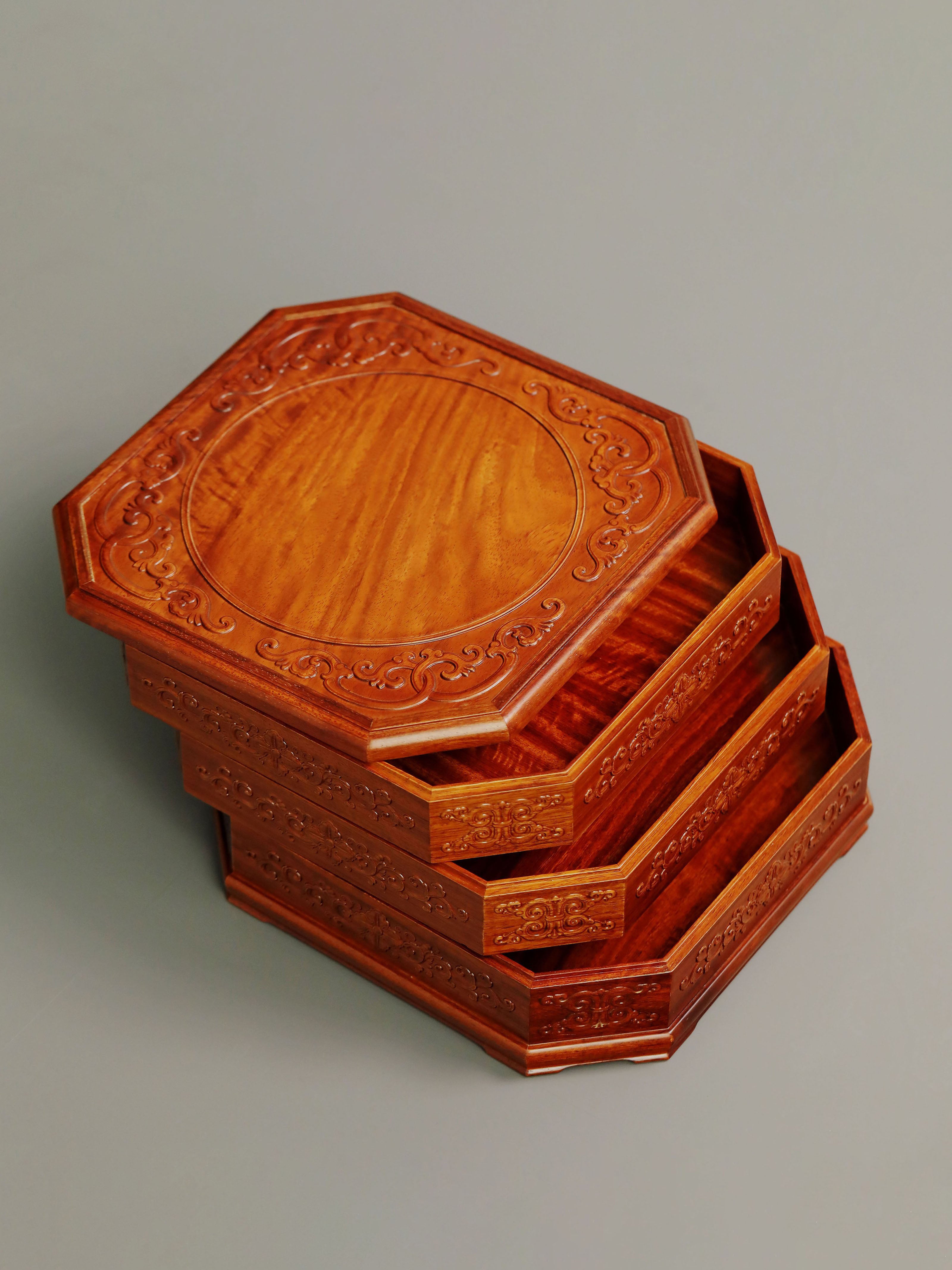 Burmese rosewood three-tiered octagonal tea box