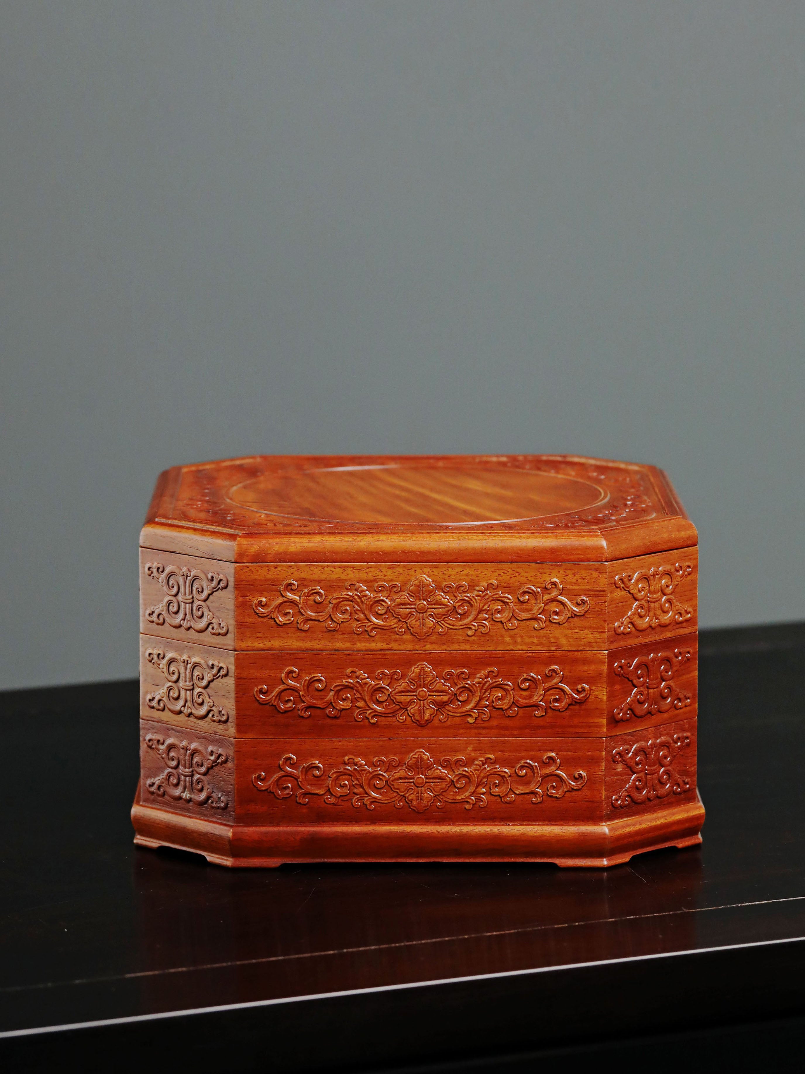 Burmese rosewood three-tiered octagonal tea box