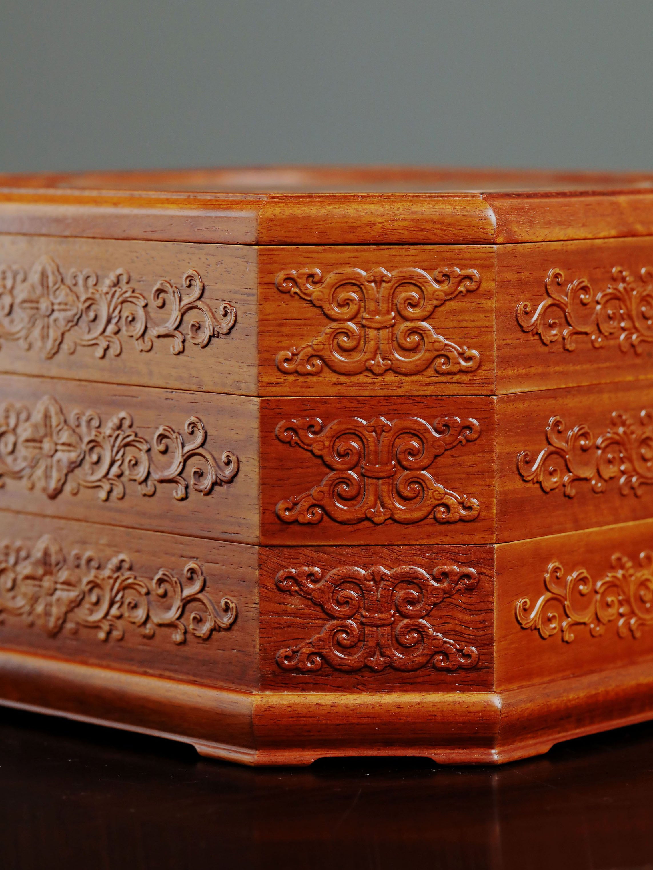 Burmese rosewood three-tiered octagonal tea box