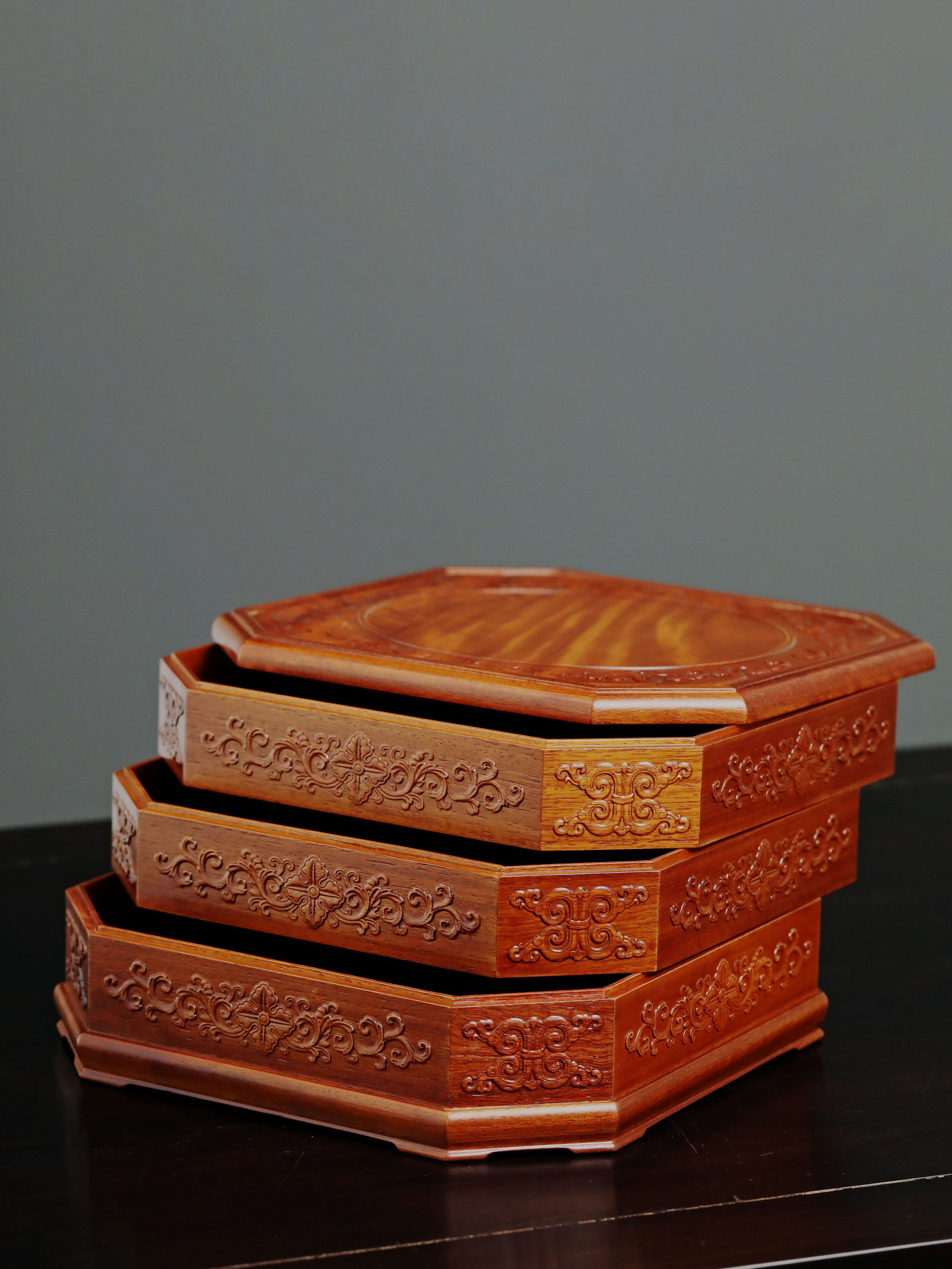 Burmese rosewood three-tiered octagonal tea box