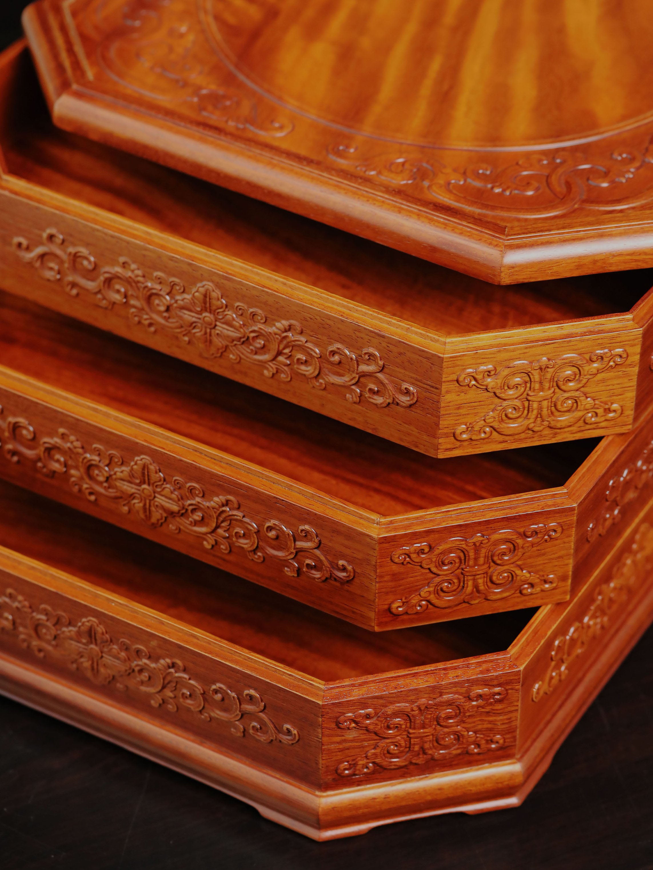 Burmese rosewood three-tiered octagonal tea box