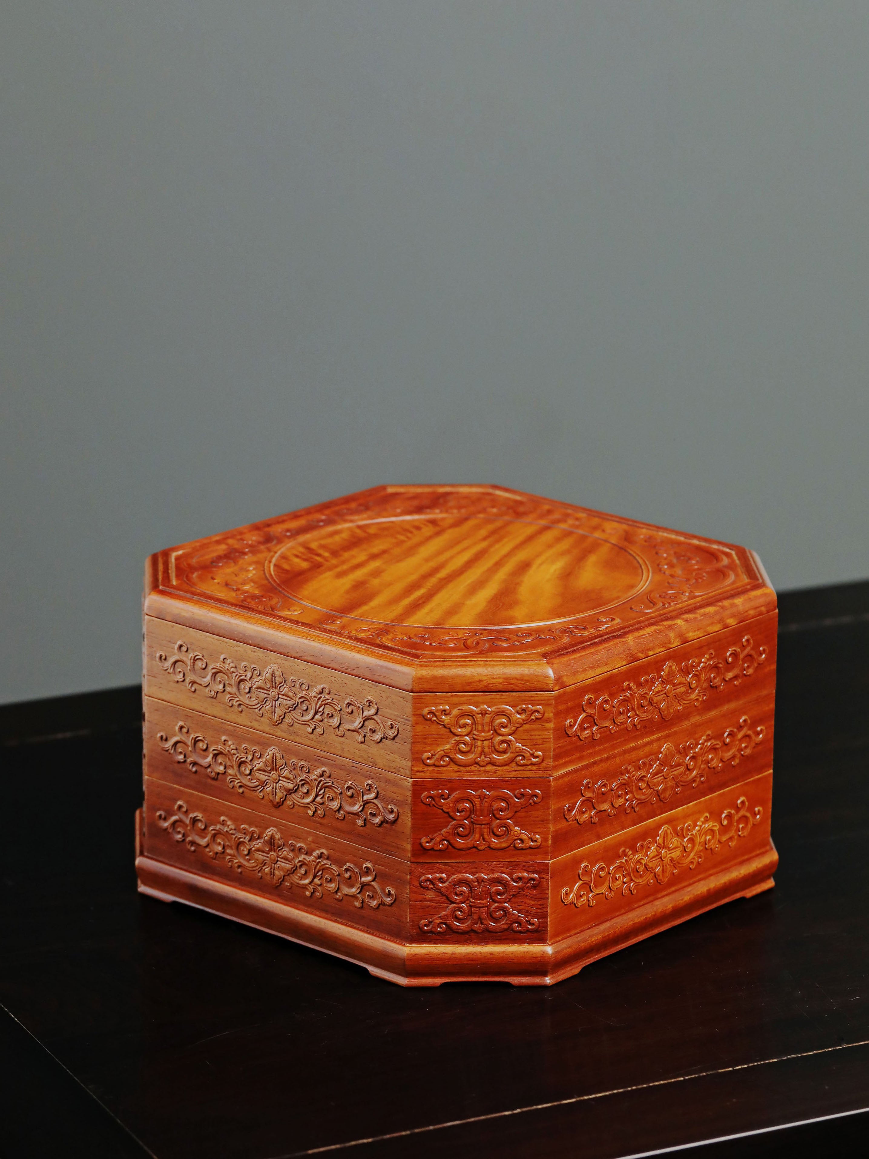 Burmese rosewood three-tiered octagonal tea box