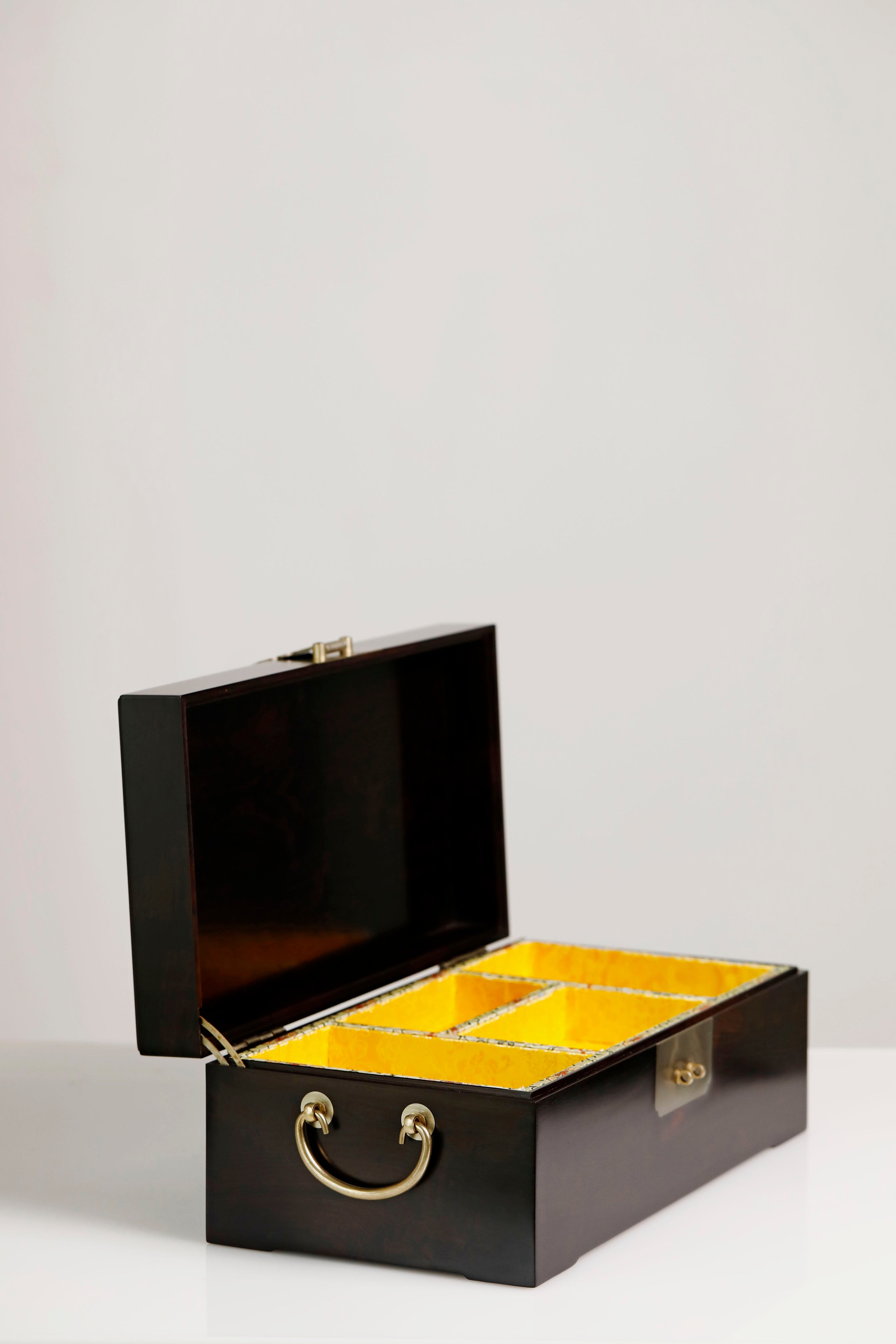 Purple sandalwood box with mandarin ducks playing in water / antique motif and gold trim