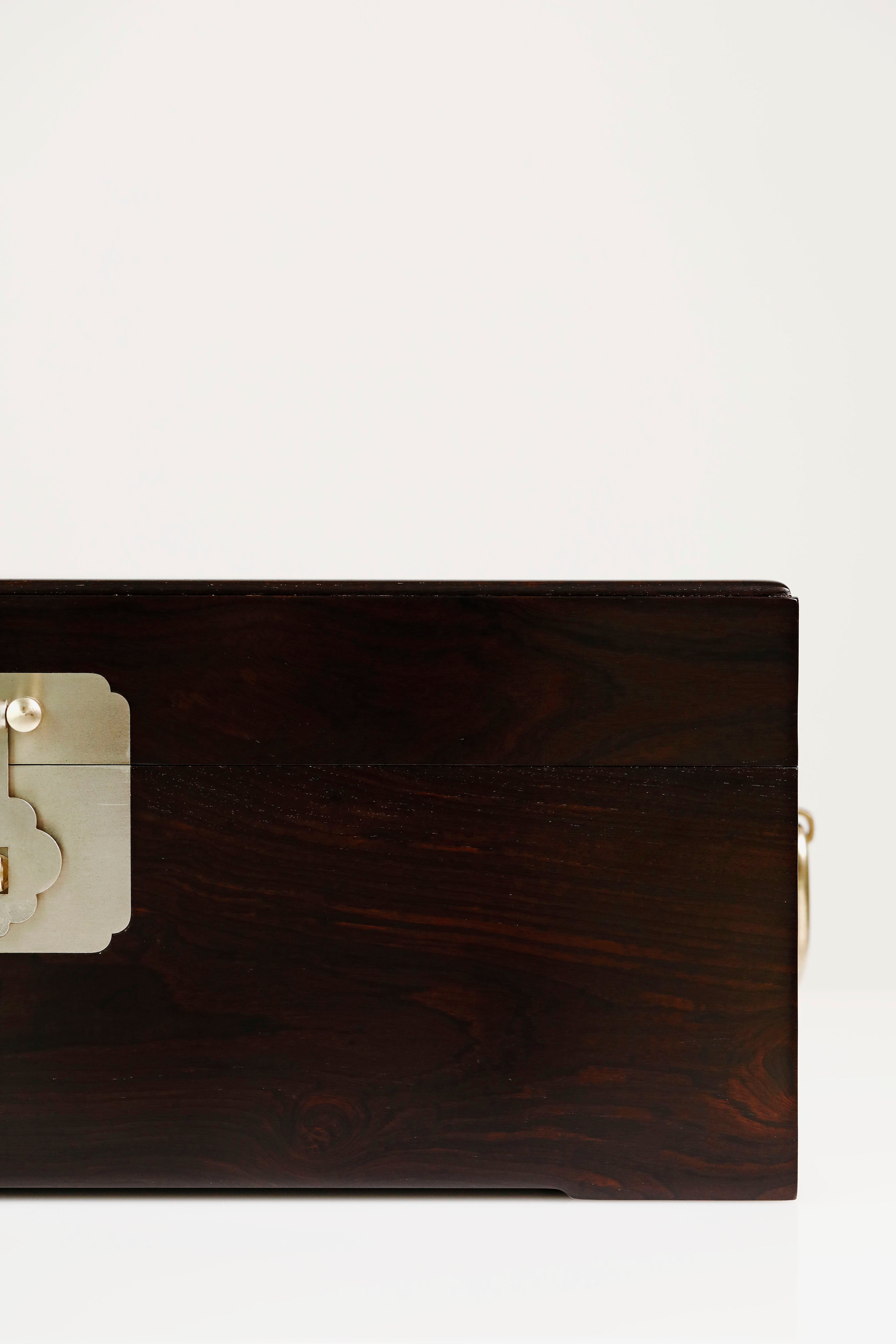 Purple sandalwood box with mandarin ducks playing in water / antique motif and gold trim