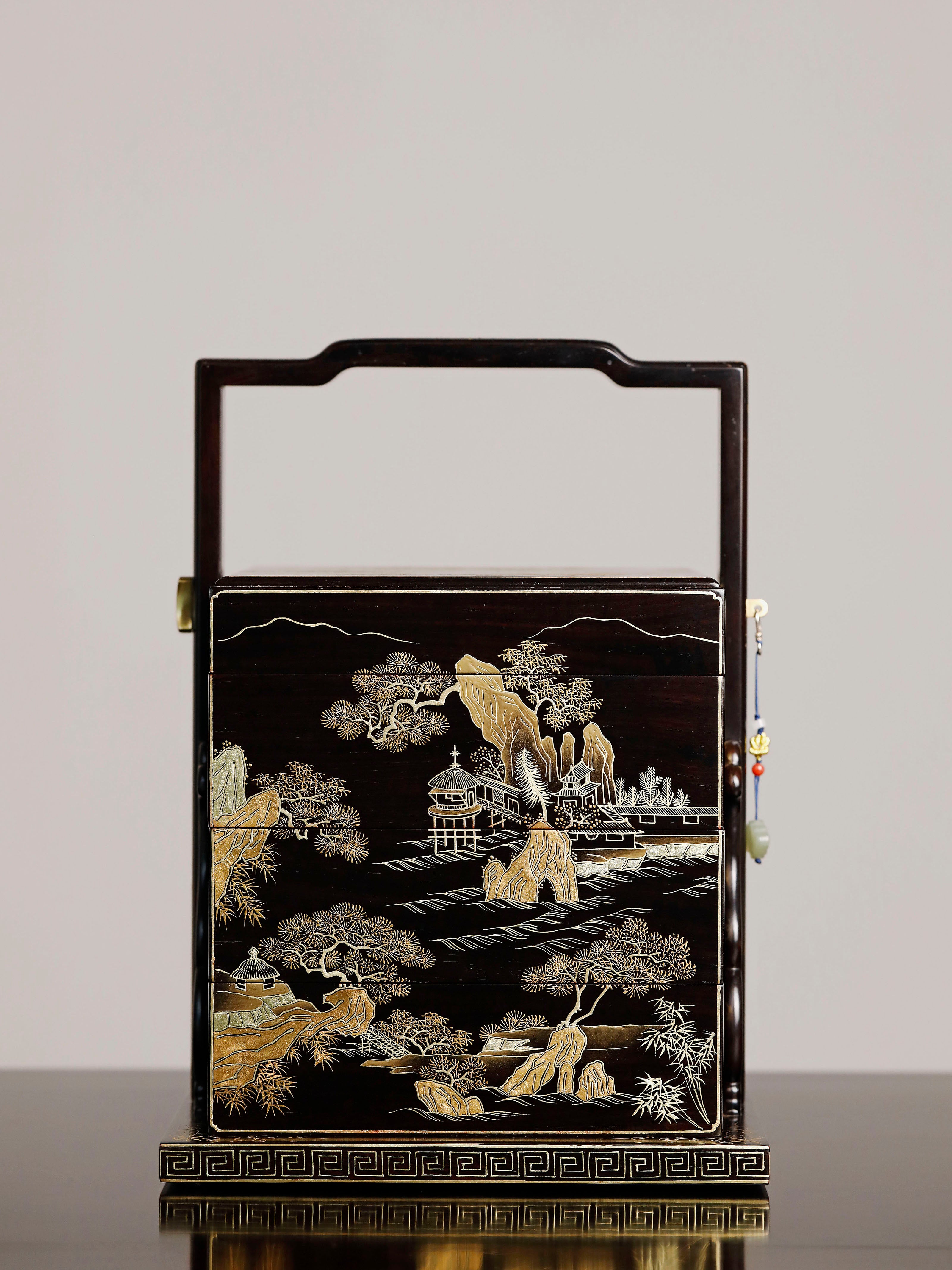 Purple sandalwood square box with gold-painted landscape design