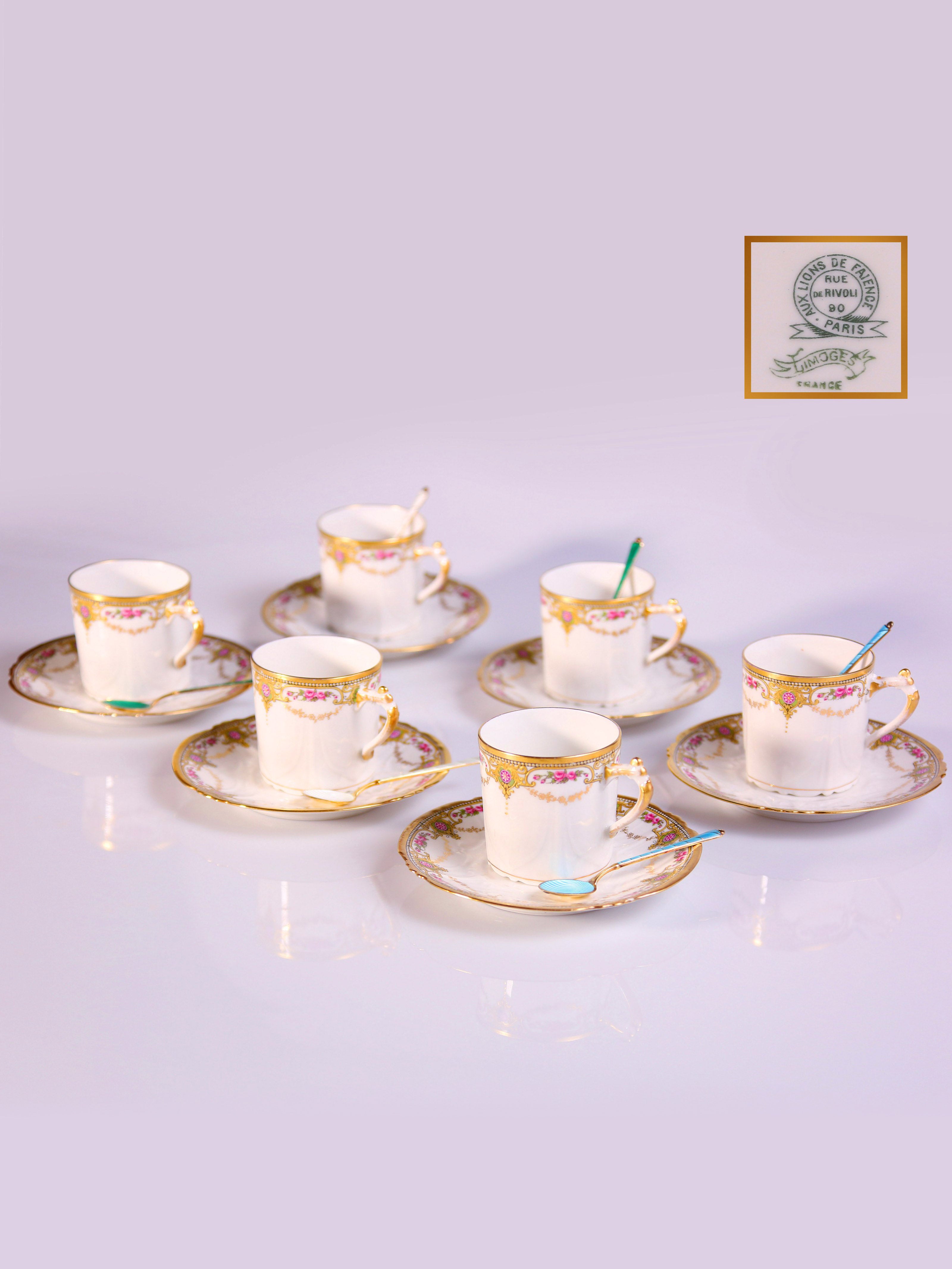 Six antique British sterling silver gilt enamel spoons / Six sets of 19th-century French gilt floral teacups (including saucers)