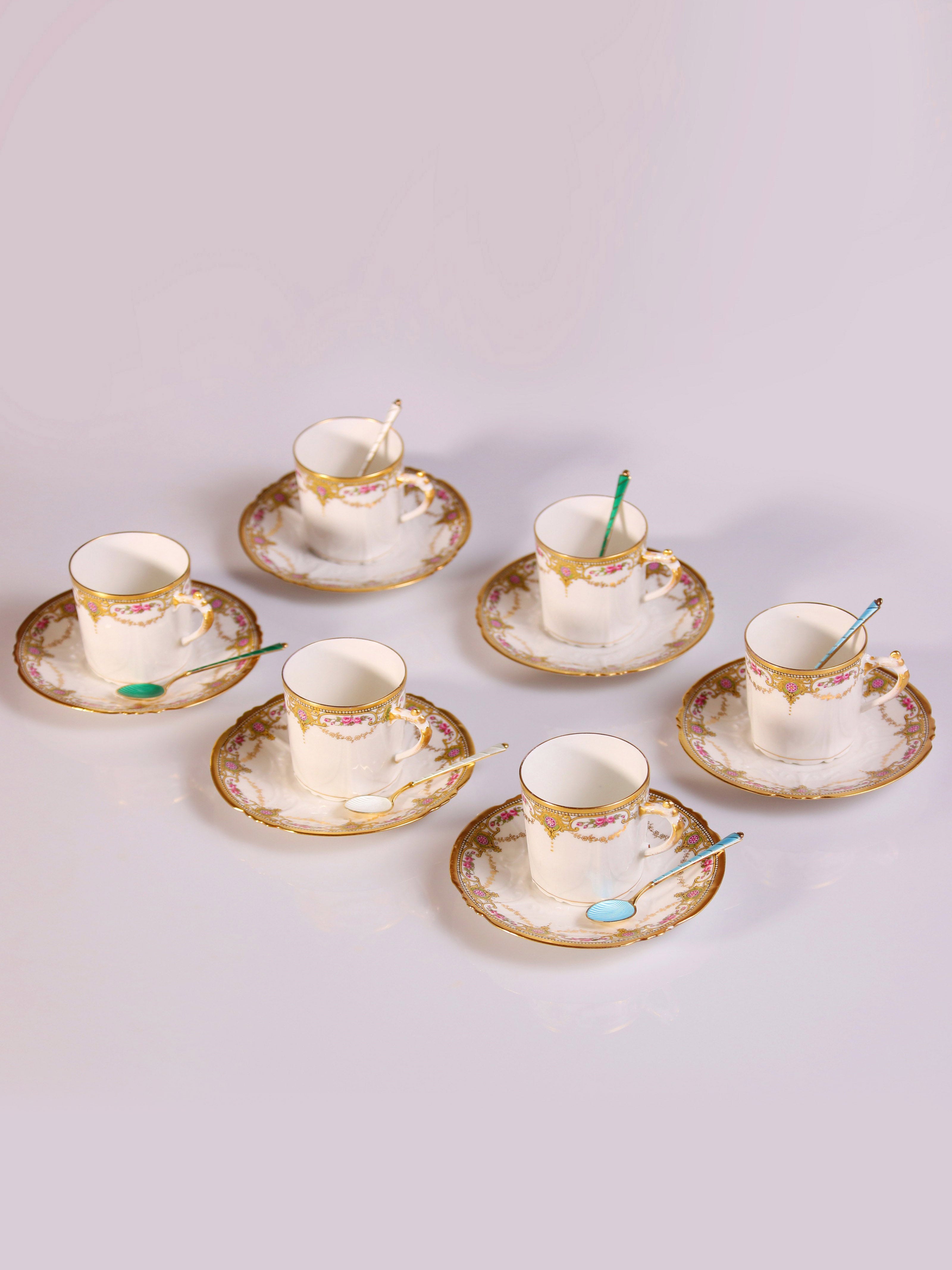 Six antique British sterling silver gilt enamel spoons / Six sets of 19th-century French gilt floral teacups (including saucers)