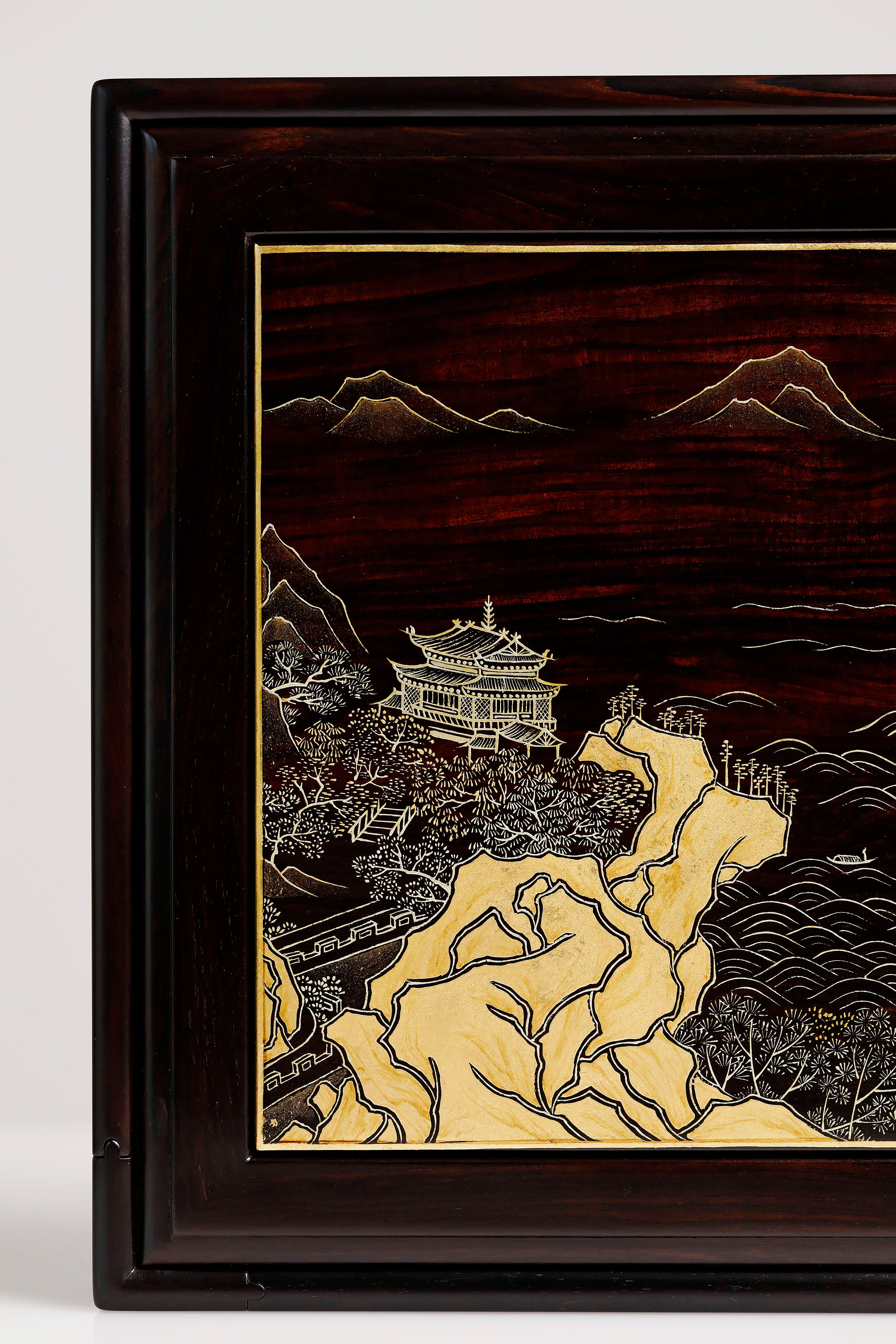 Purple sandalwood tea box with gold-painted "Watching the Tide" design