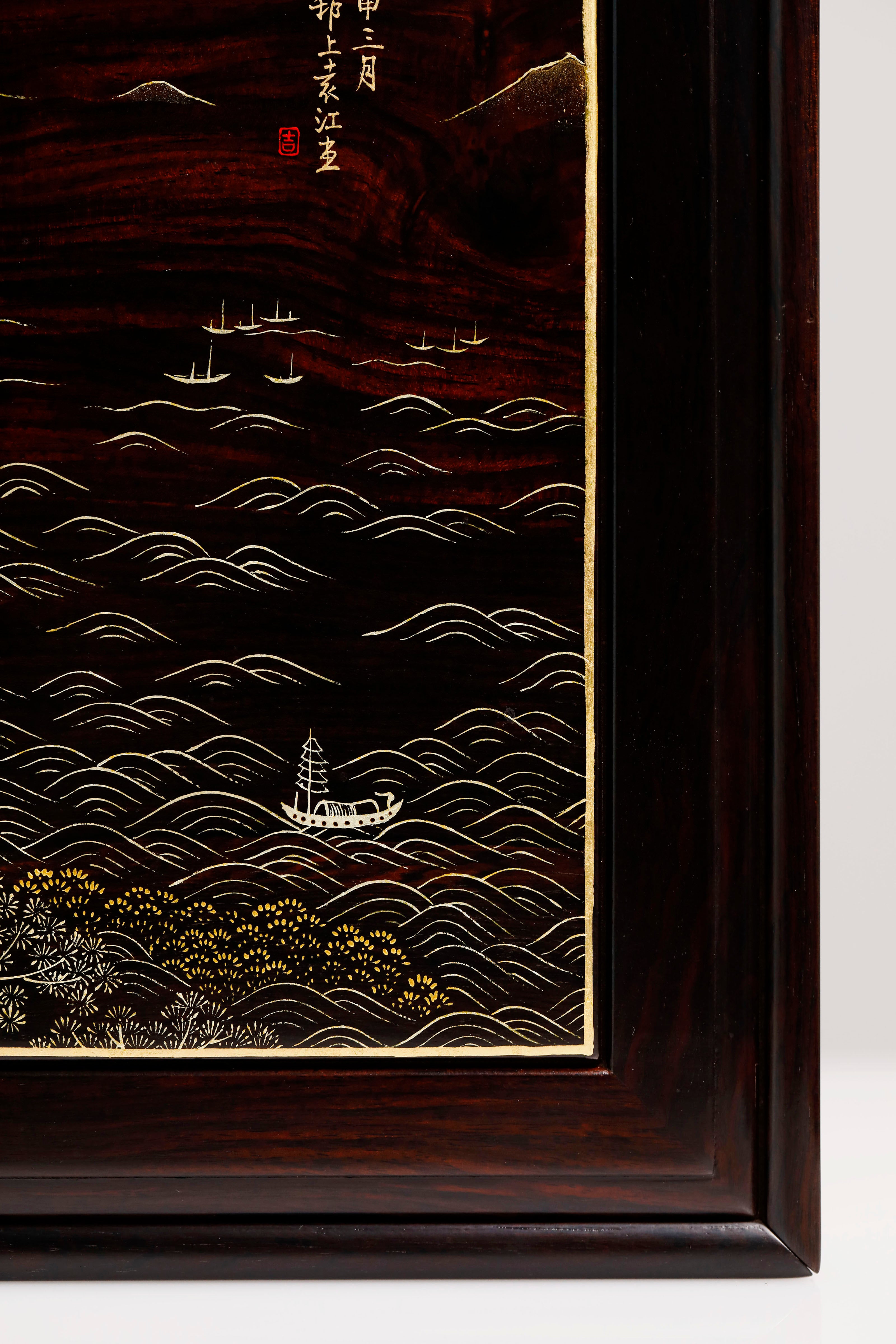 Purple sandalwood tea box with gold-painted "Watching the Tide" design