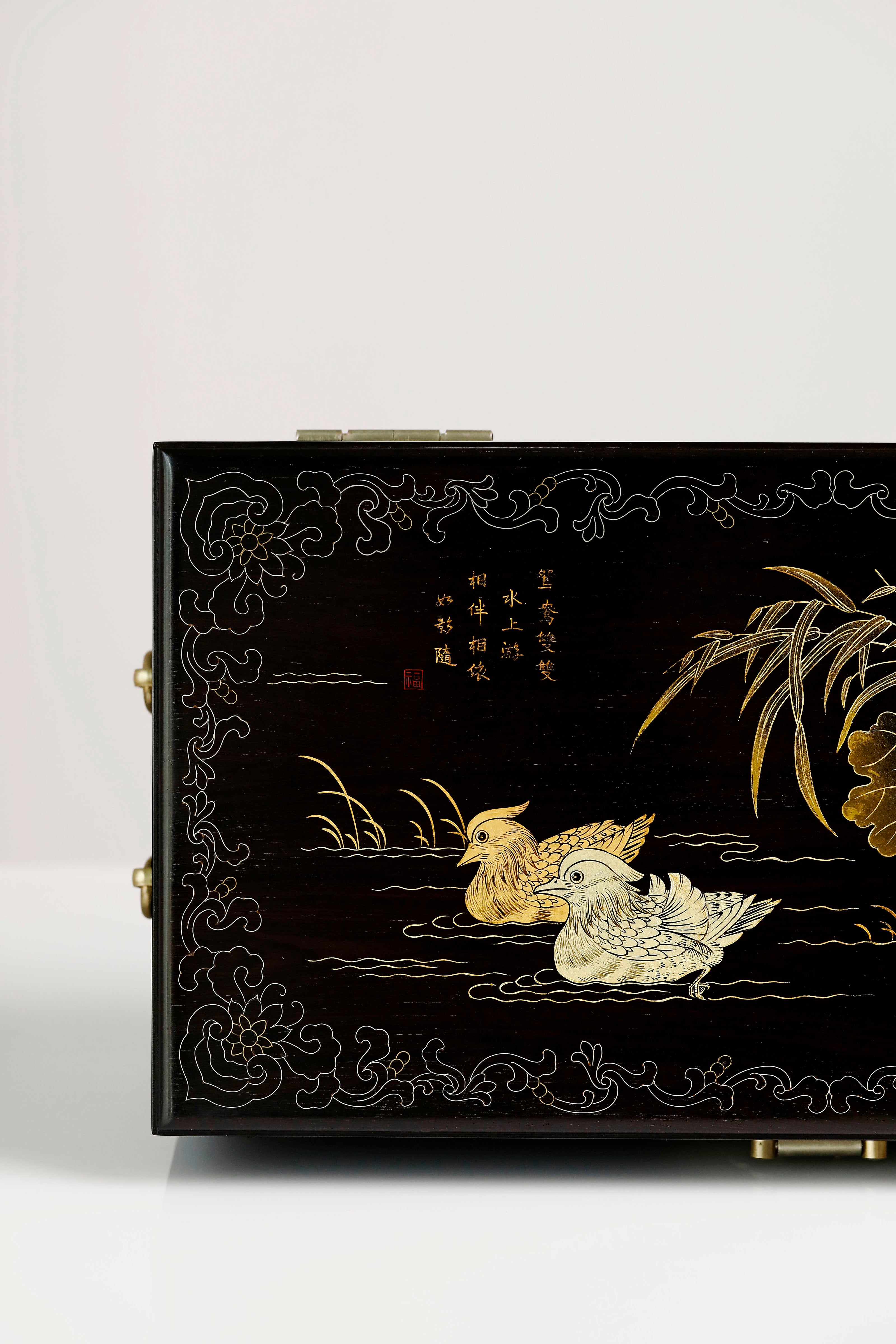 Purple sandalwood box with mandarin ducks playing in water / antique motif and gold trim