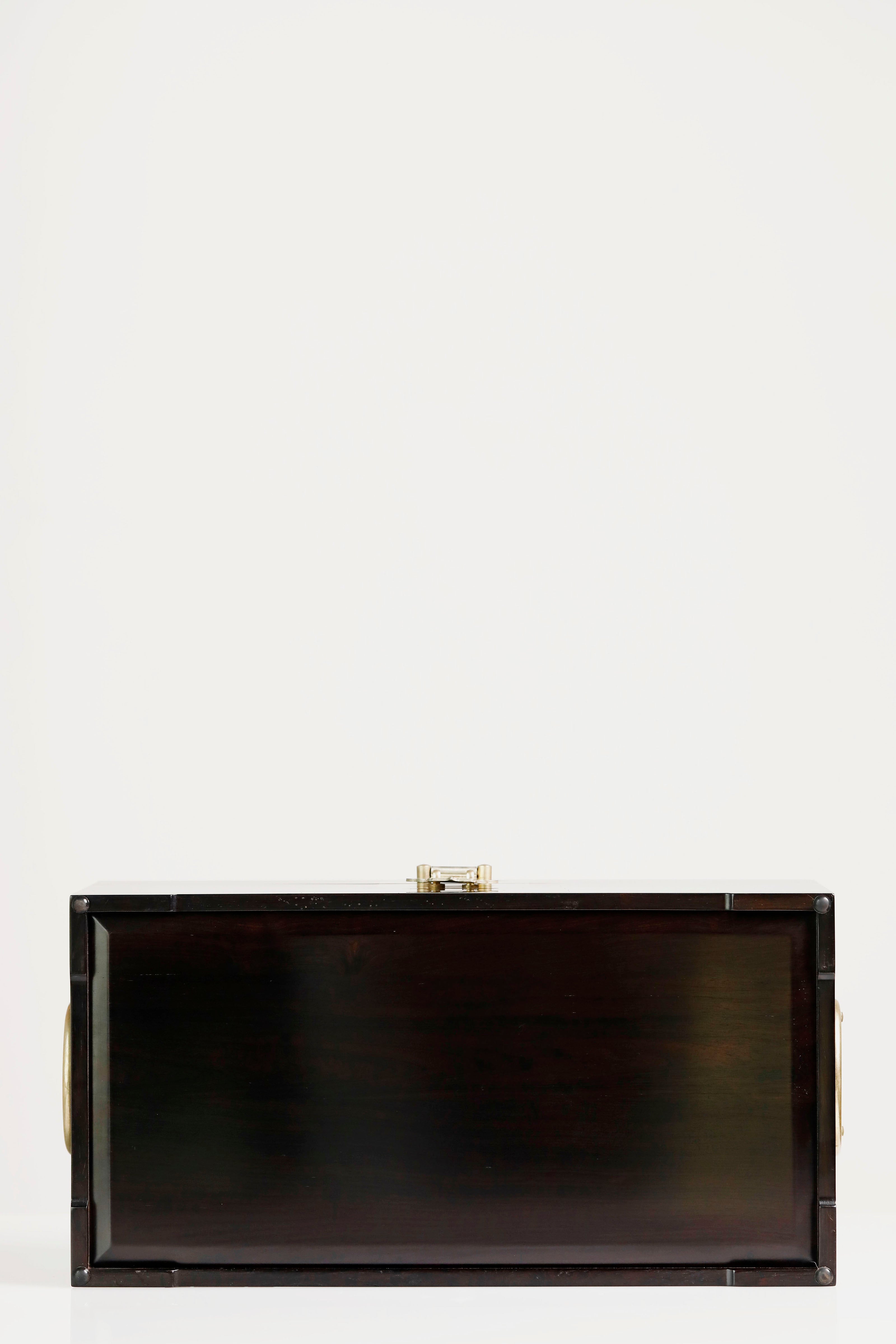 Purple sandalwood box with mandarin ducks playing in water / antique motif and gold trim