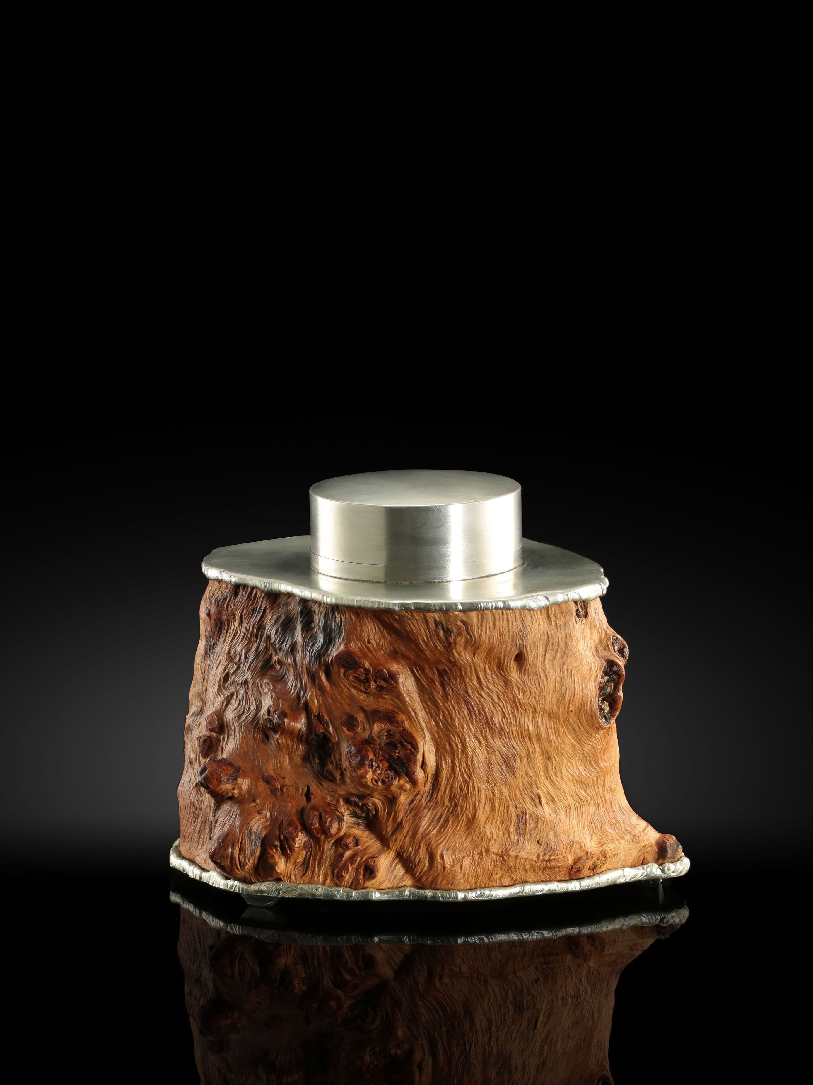 Intricately carved tin burl wood tea caddy