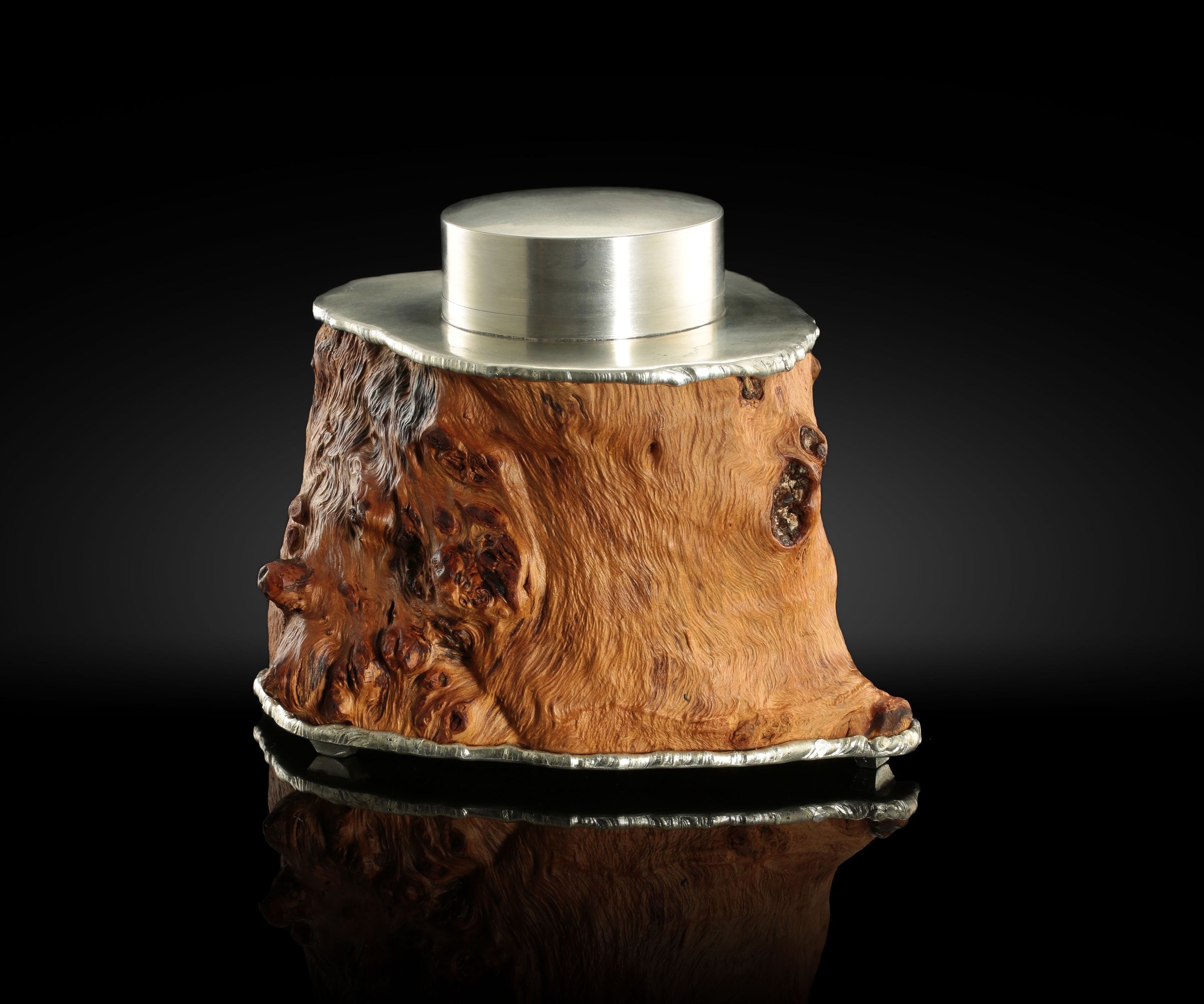 Intricately carved tin burl wood tea caddy