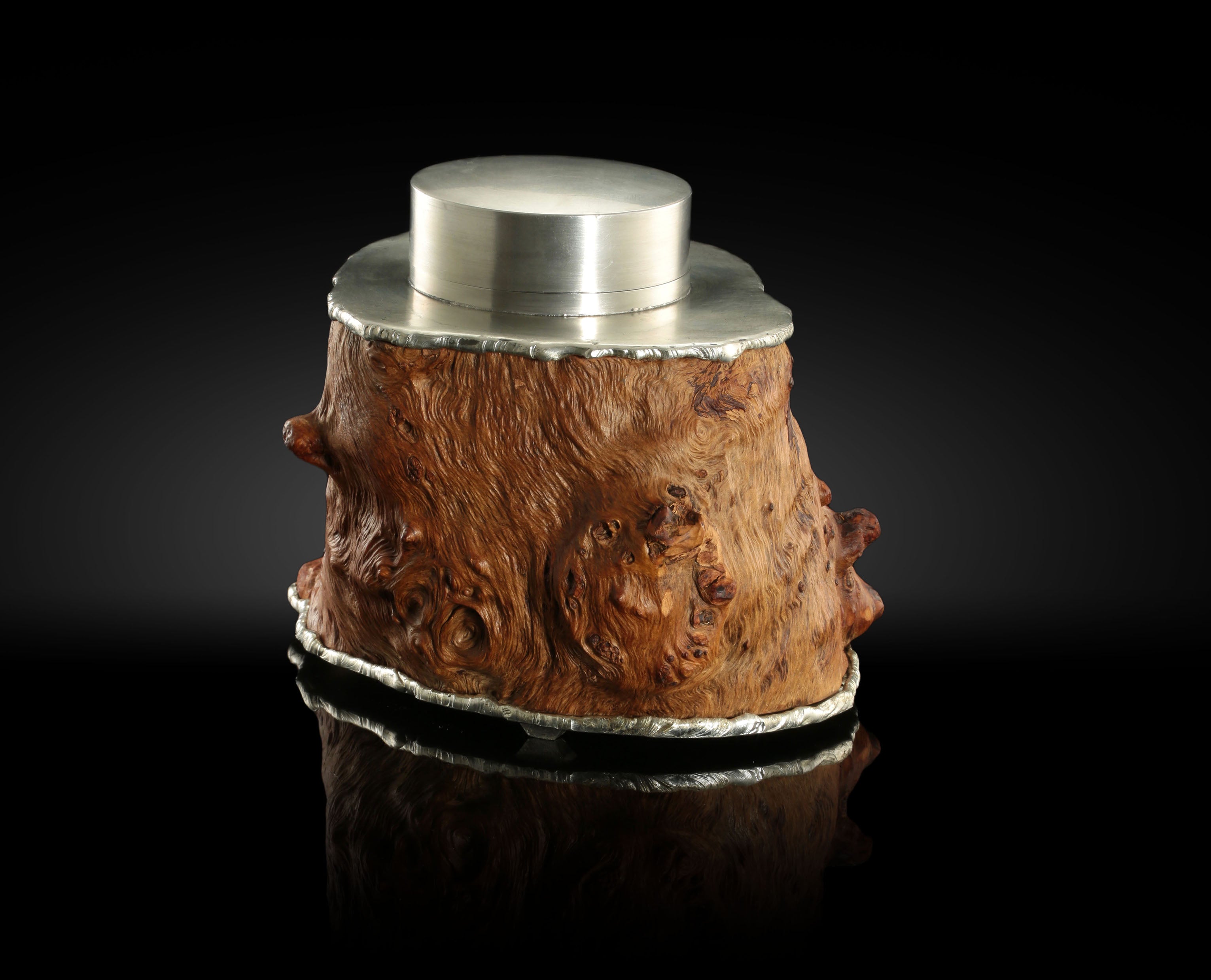 Intricately carved tin burl wood tea caddy