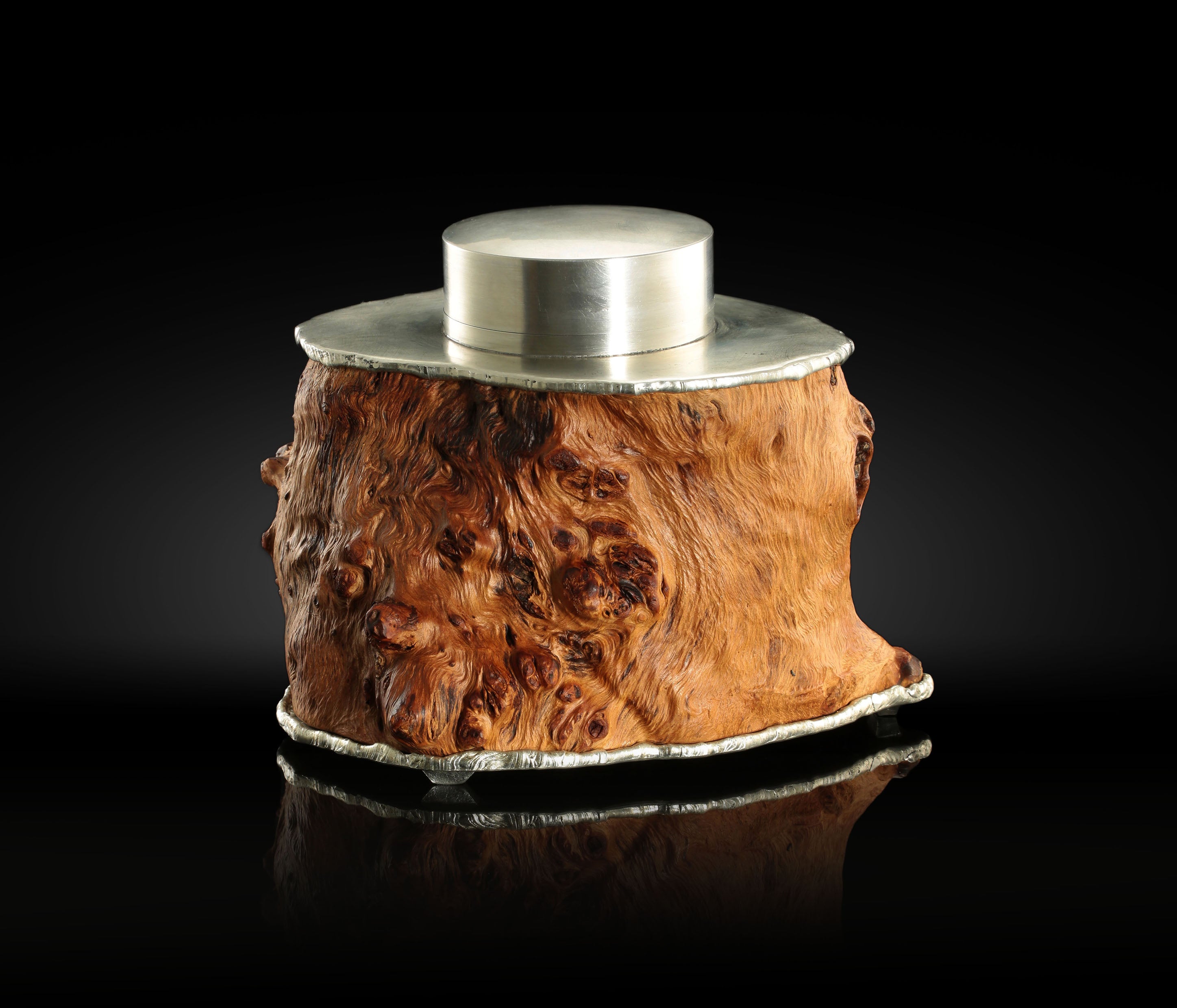Intricately carved tin burl wood tea caddy