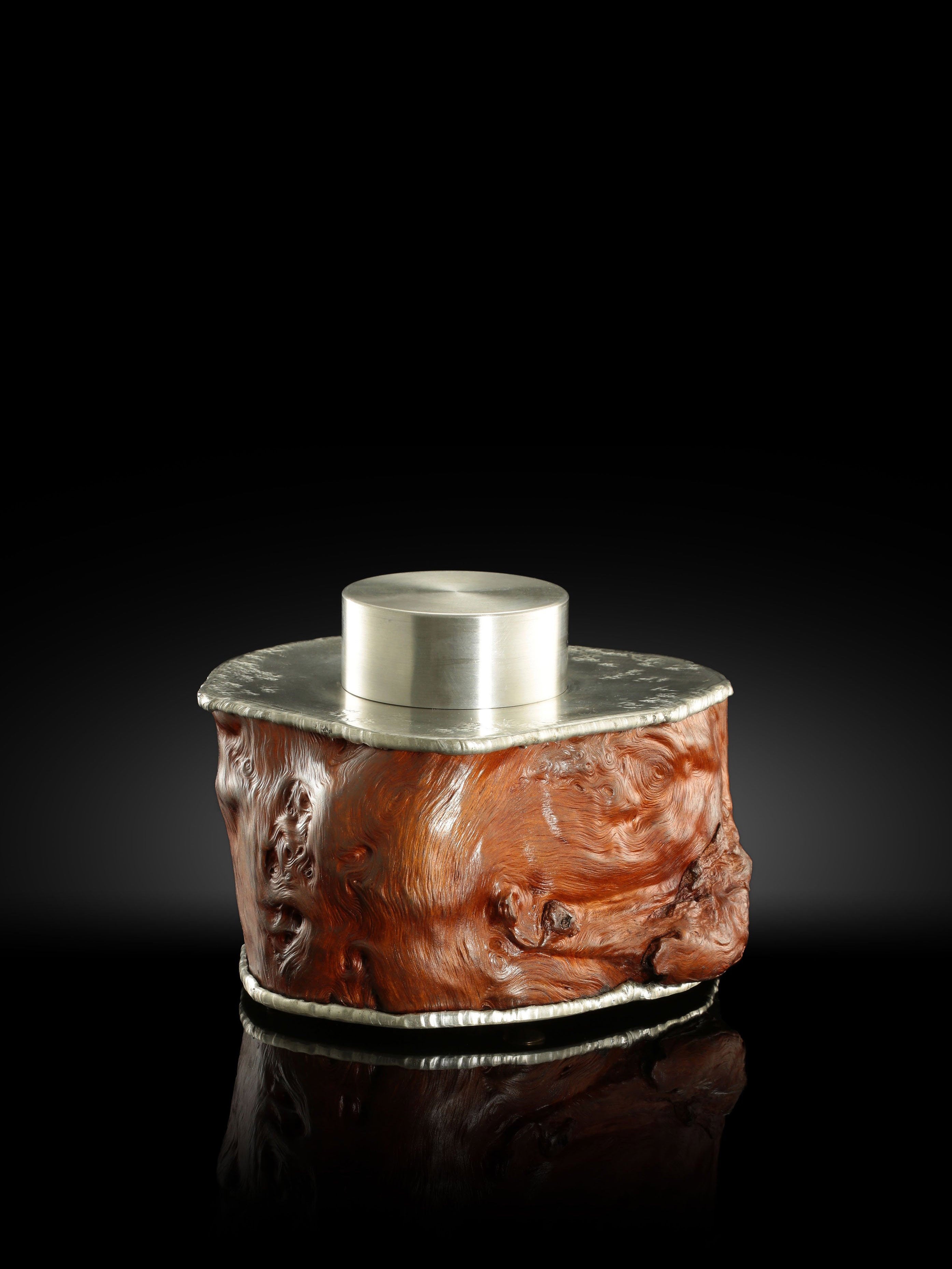 Bundled twisted tin carved burl wood tea canister