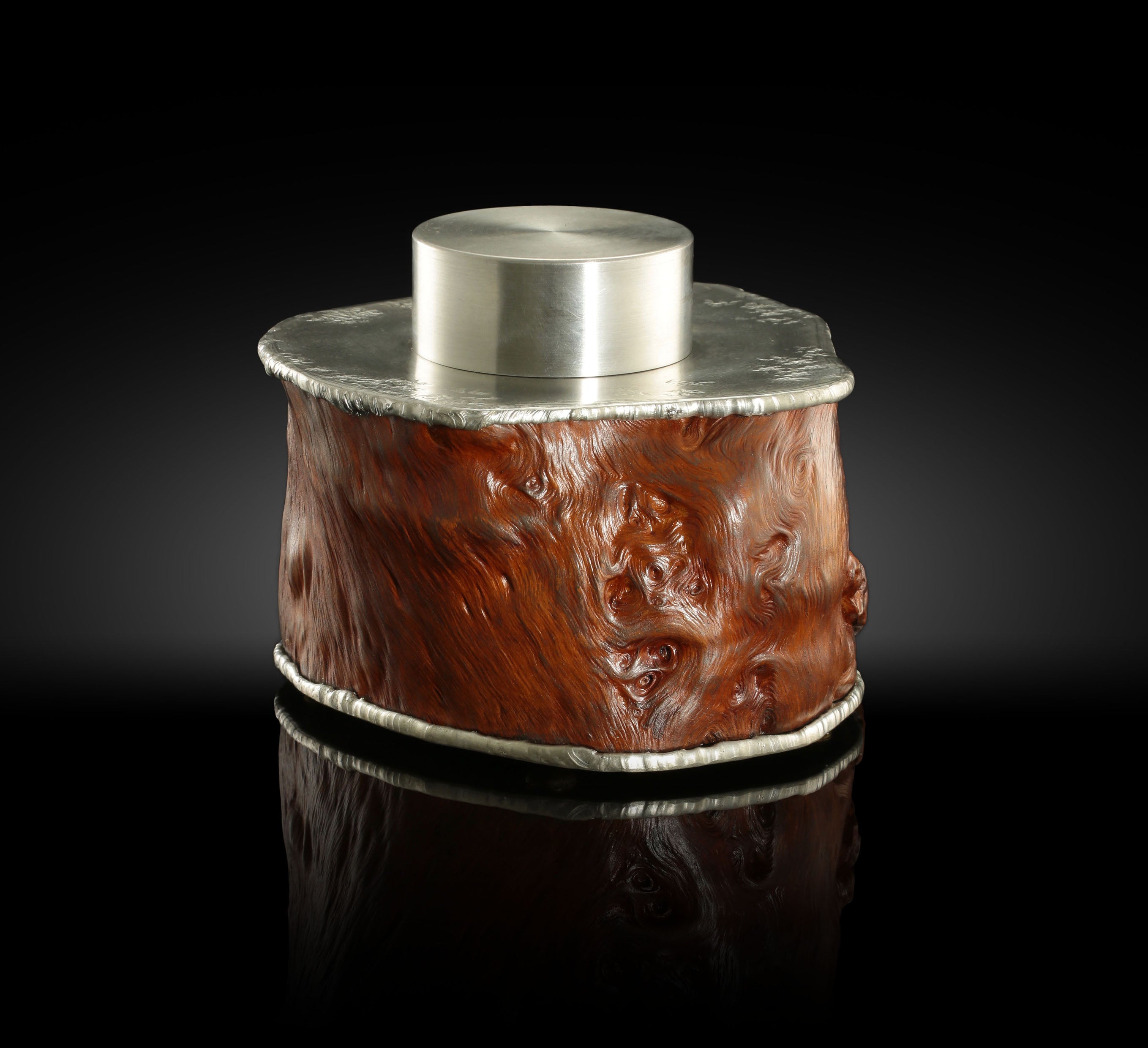 Bundled twisted tin carved burl wood tea canister