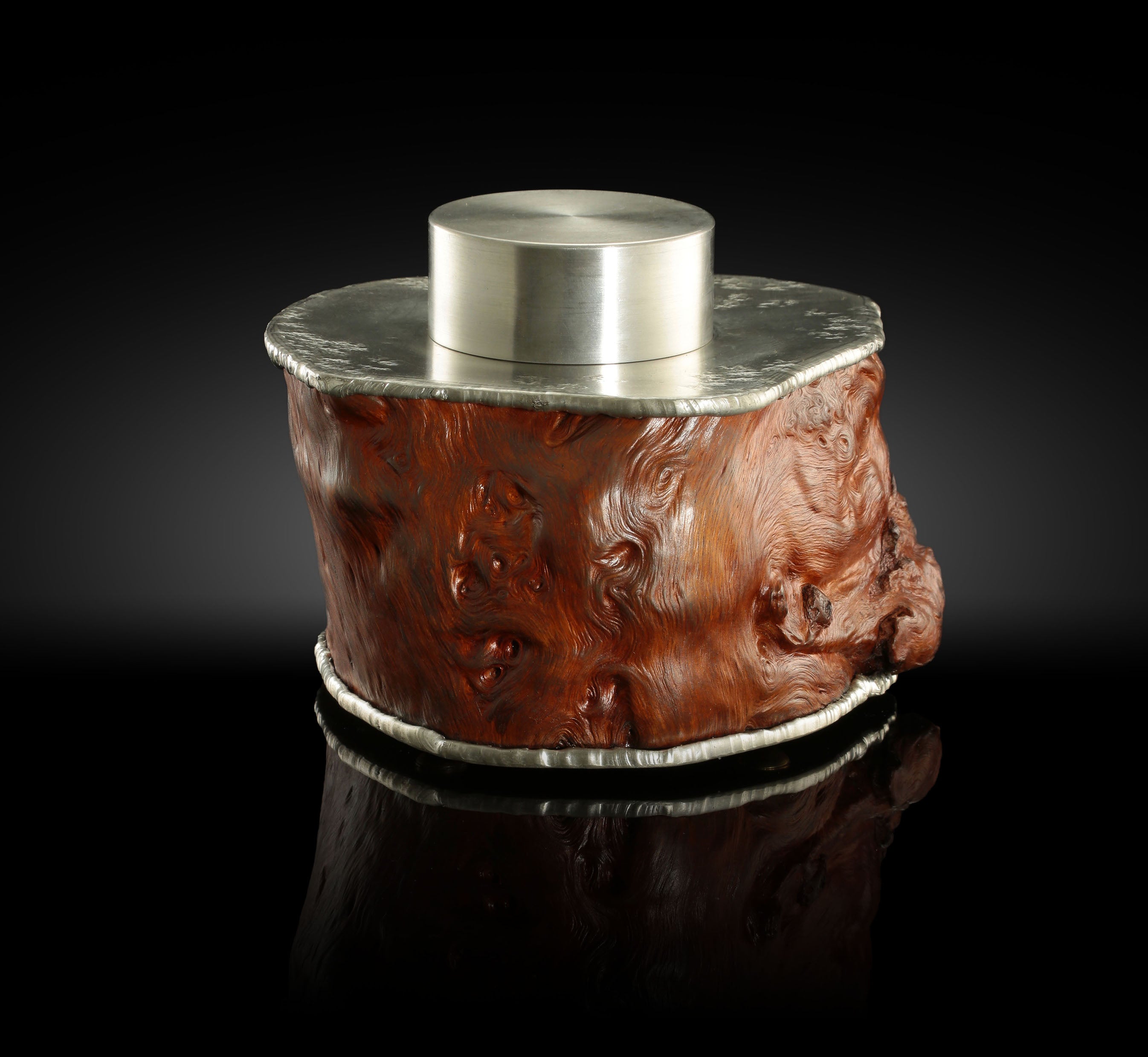 Bundled twisted tin carved burl wood tea canister