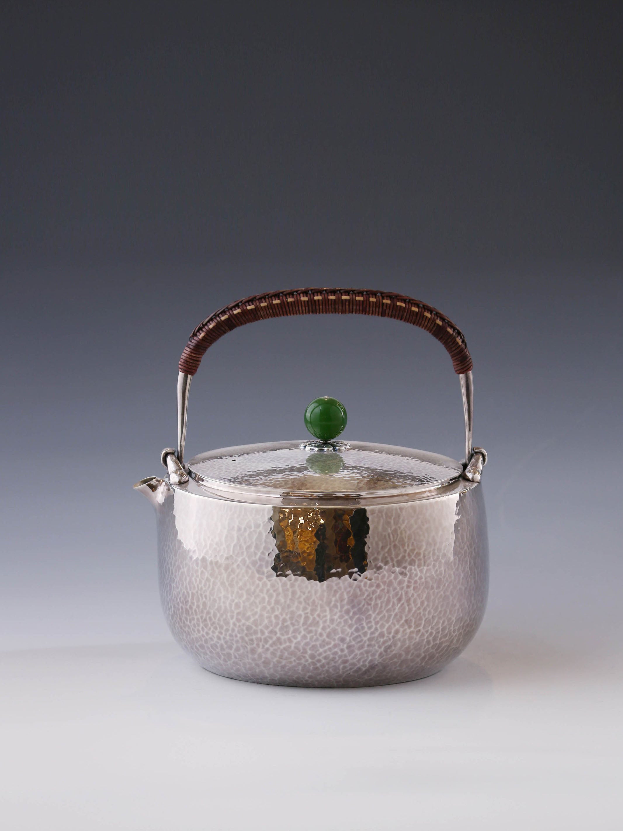Flat-necked hammered jade silver ewer