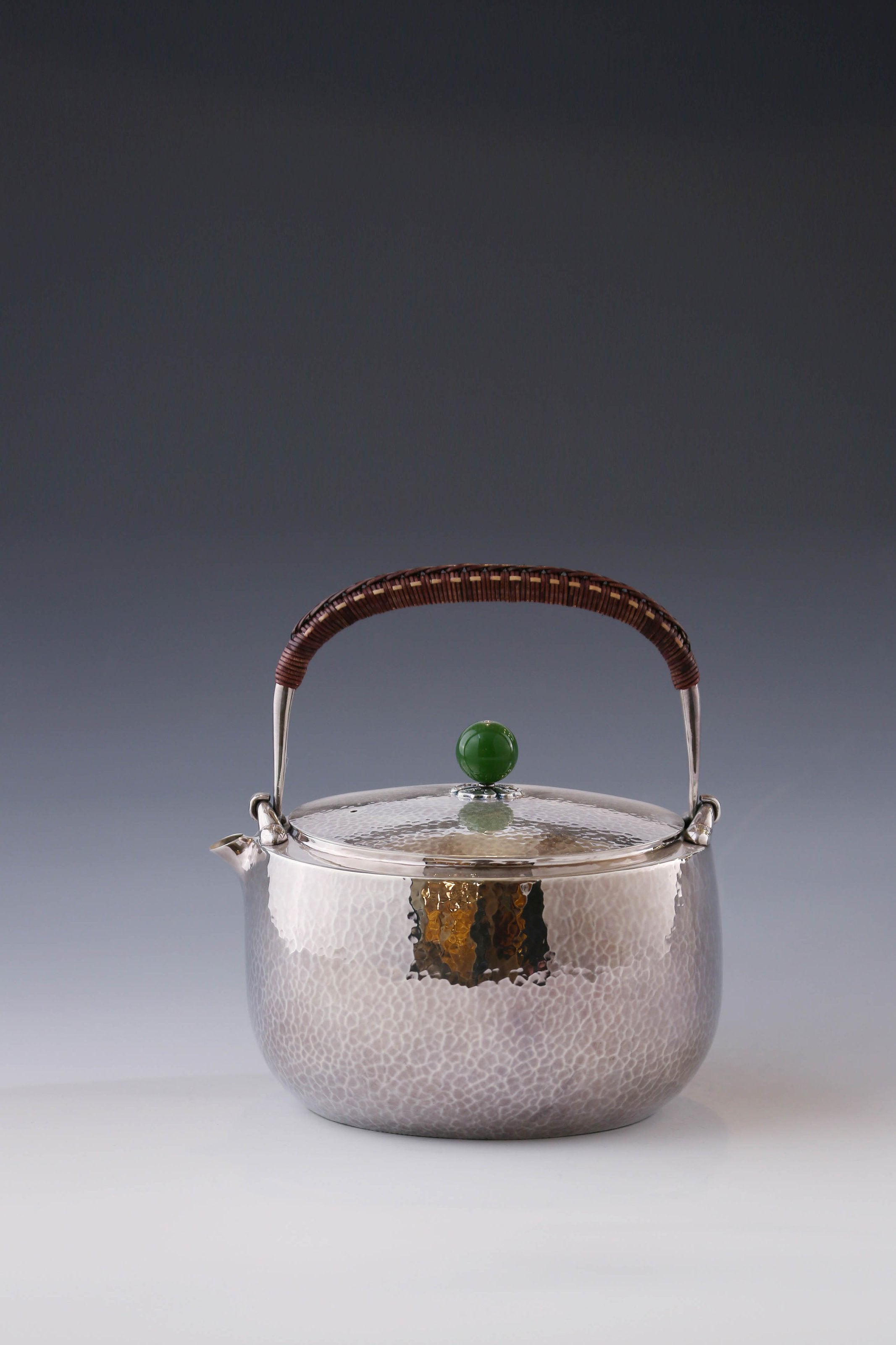 Flat-necked hammered jade silver ewer