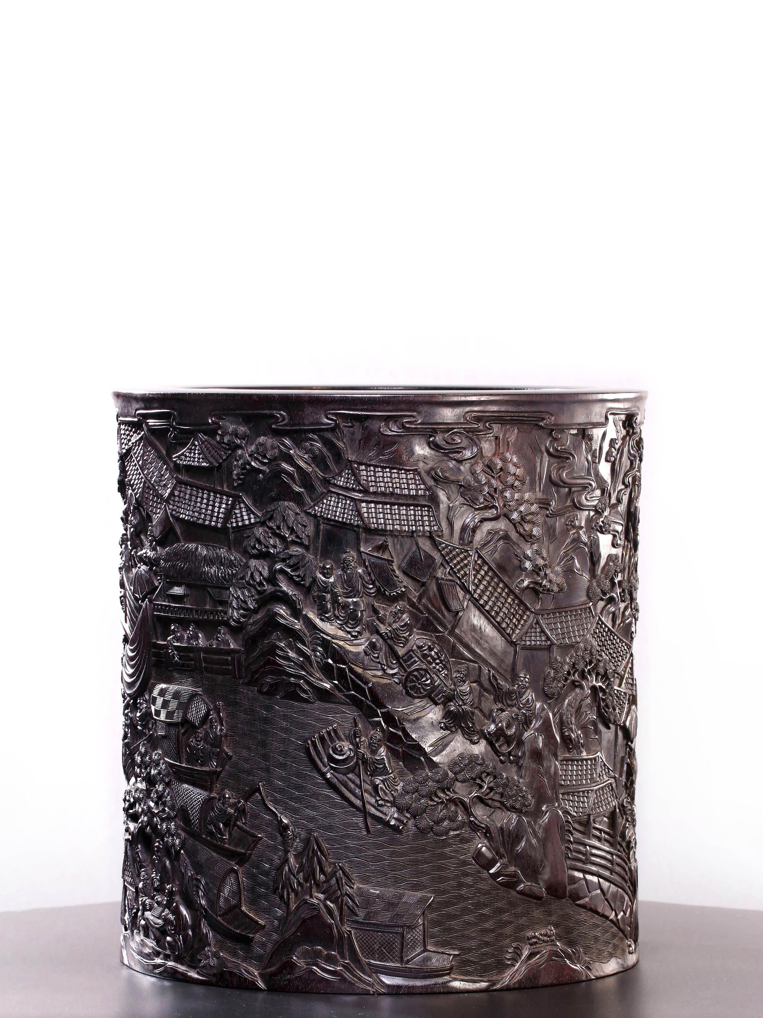 Indian rosewood brush holder depicting the Qingming Scroll