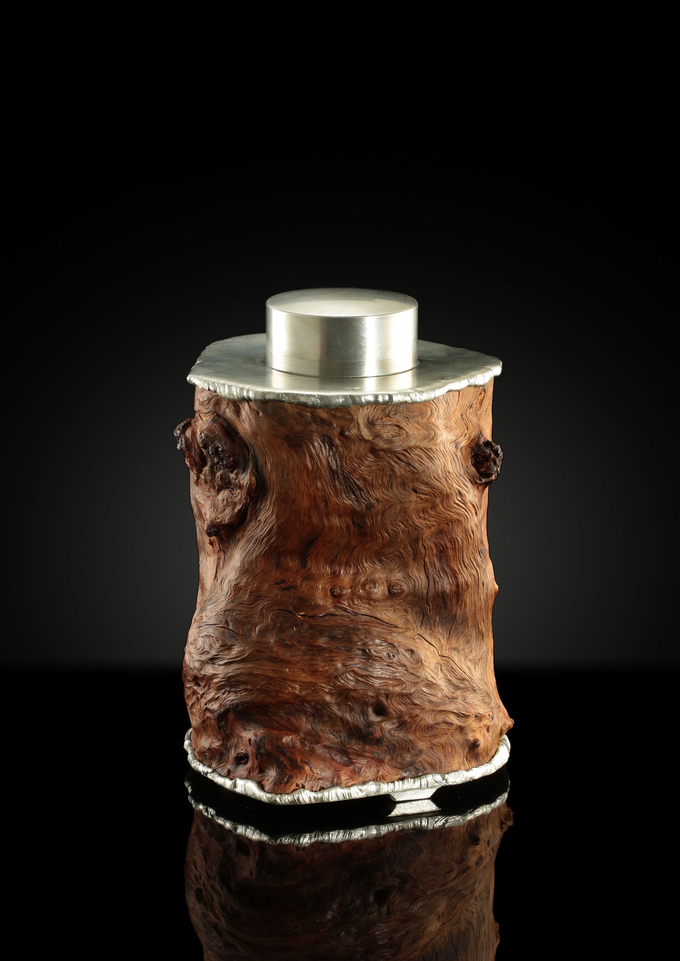 Strong and powerful tin-carved burl wood tea caddy
