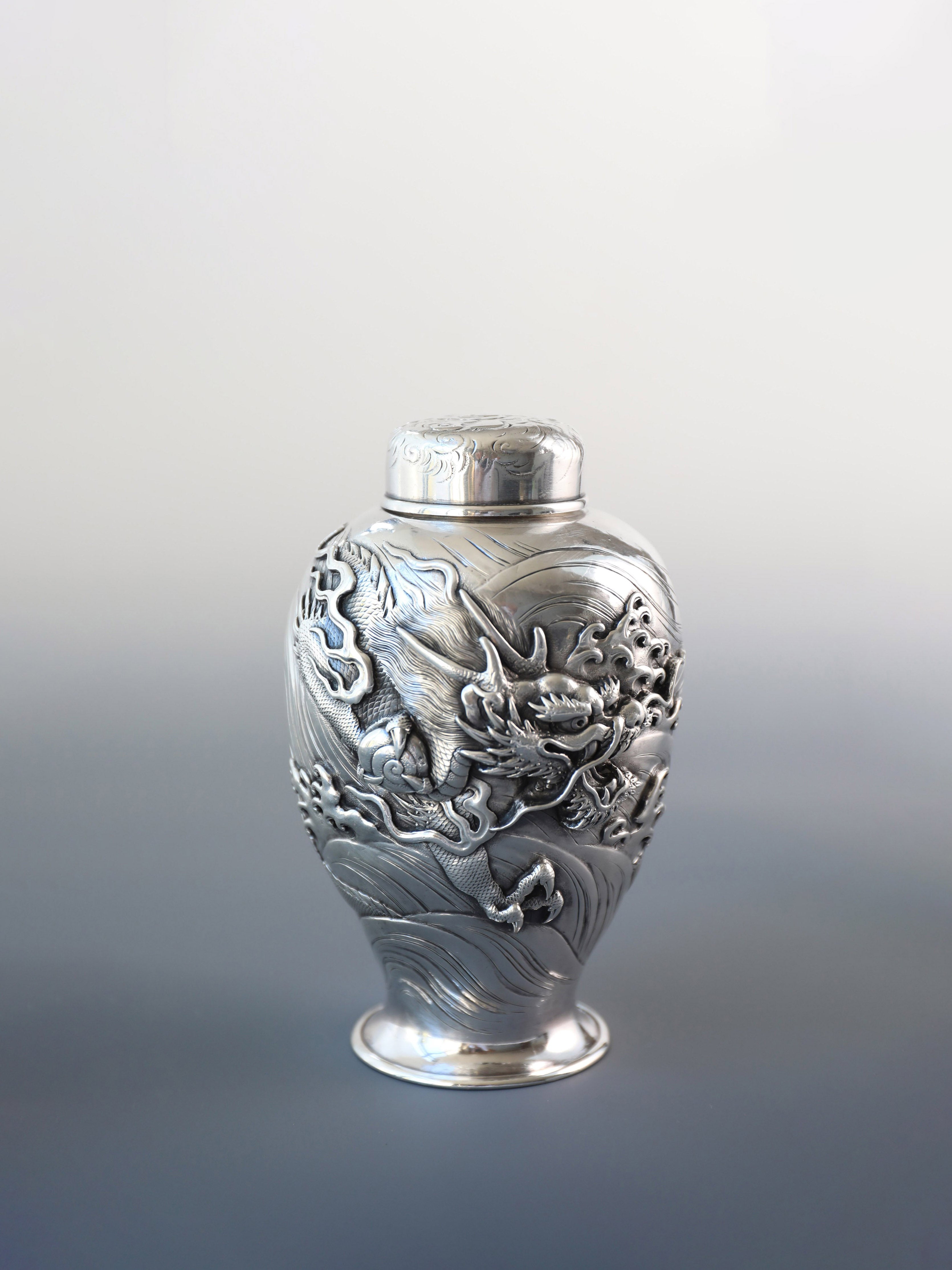 1890 Japanese Yoshitaka Dragon Pattern Sterling Silver Teapot/Tea Canister