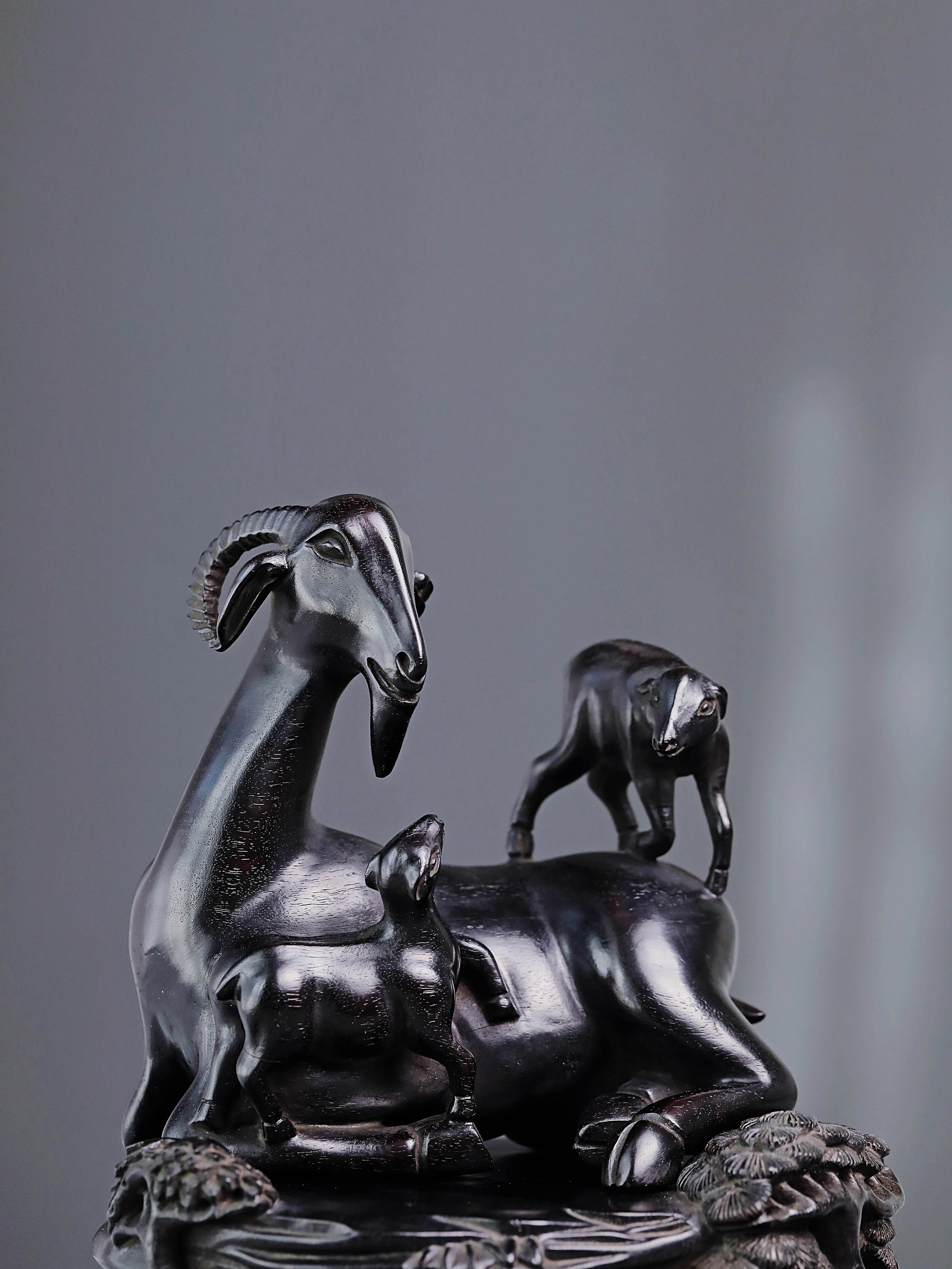 Three Yangs Bring Prosperity Boxwood Carving