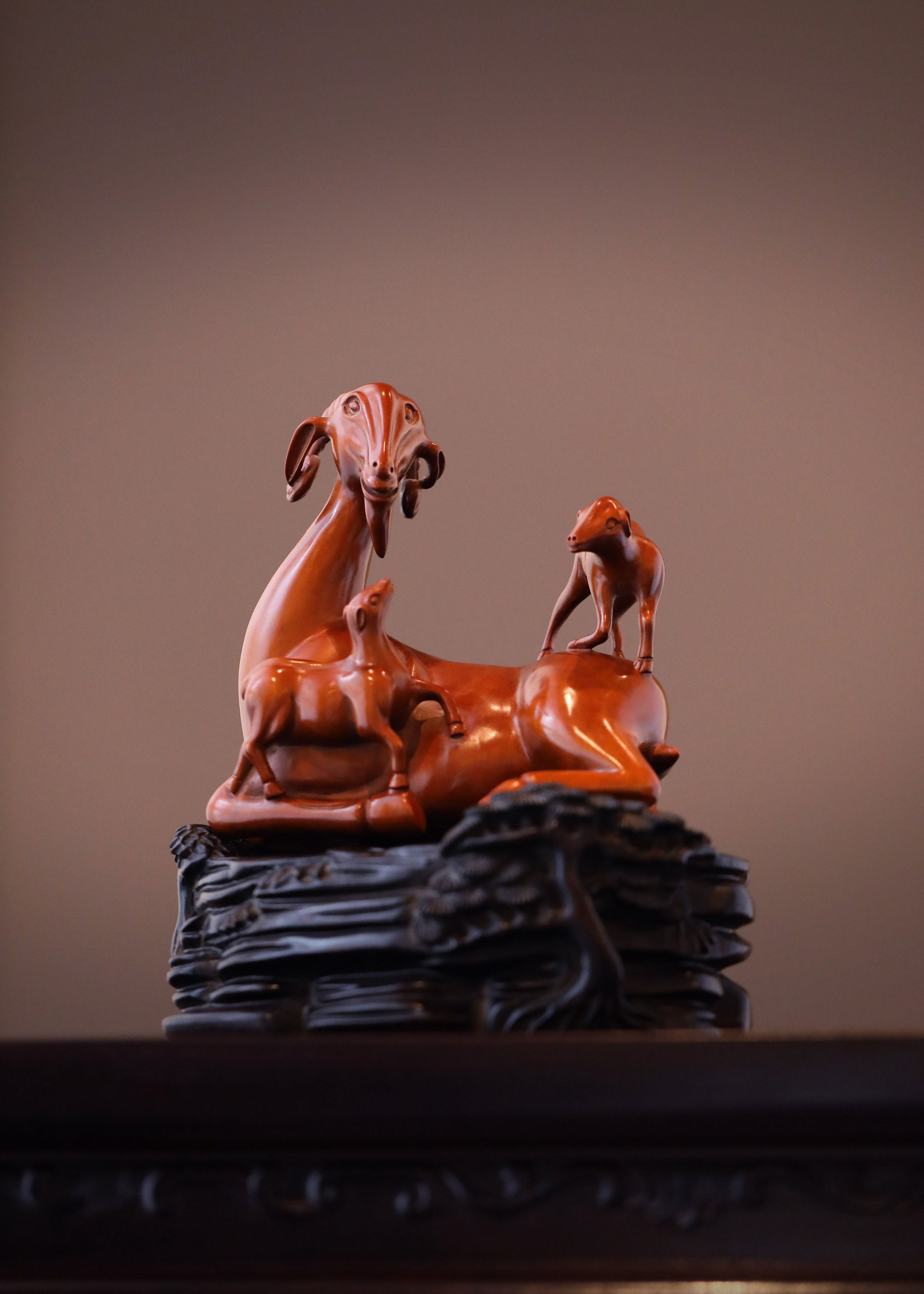 Three Yangs Bring Prosperity Boxwood Carving