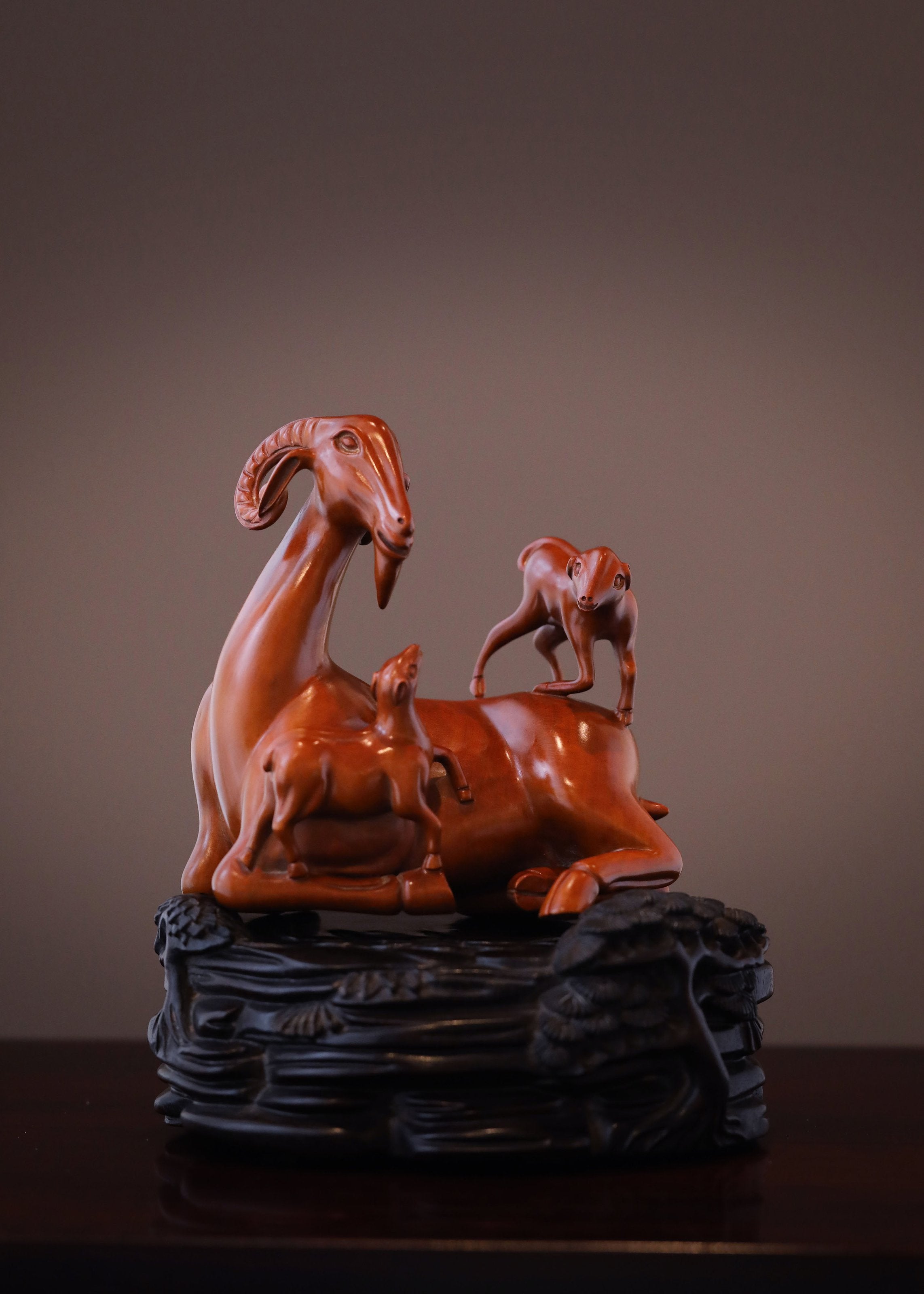 Three Yangs Bring Prosperity Boxwood Carving