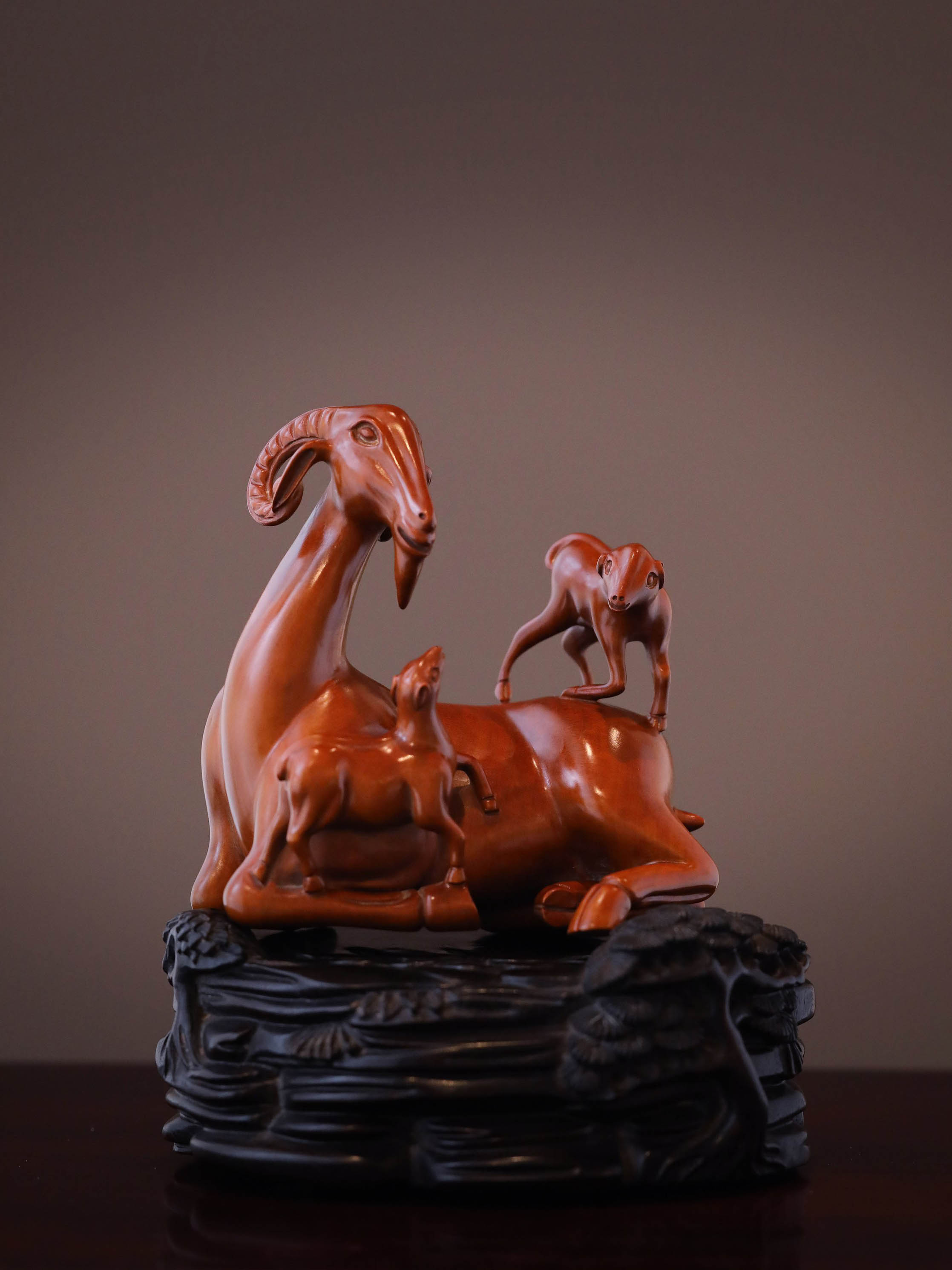 Three Yangs Bring Prosperity Boxwood Carving