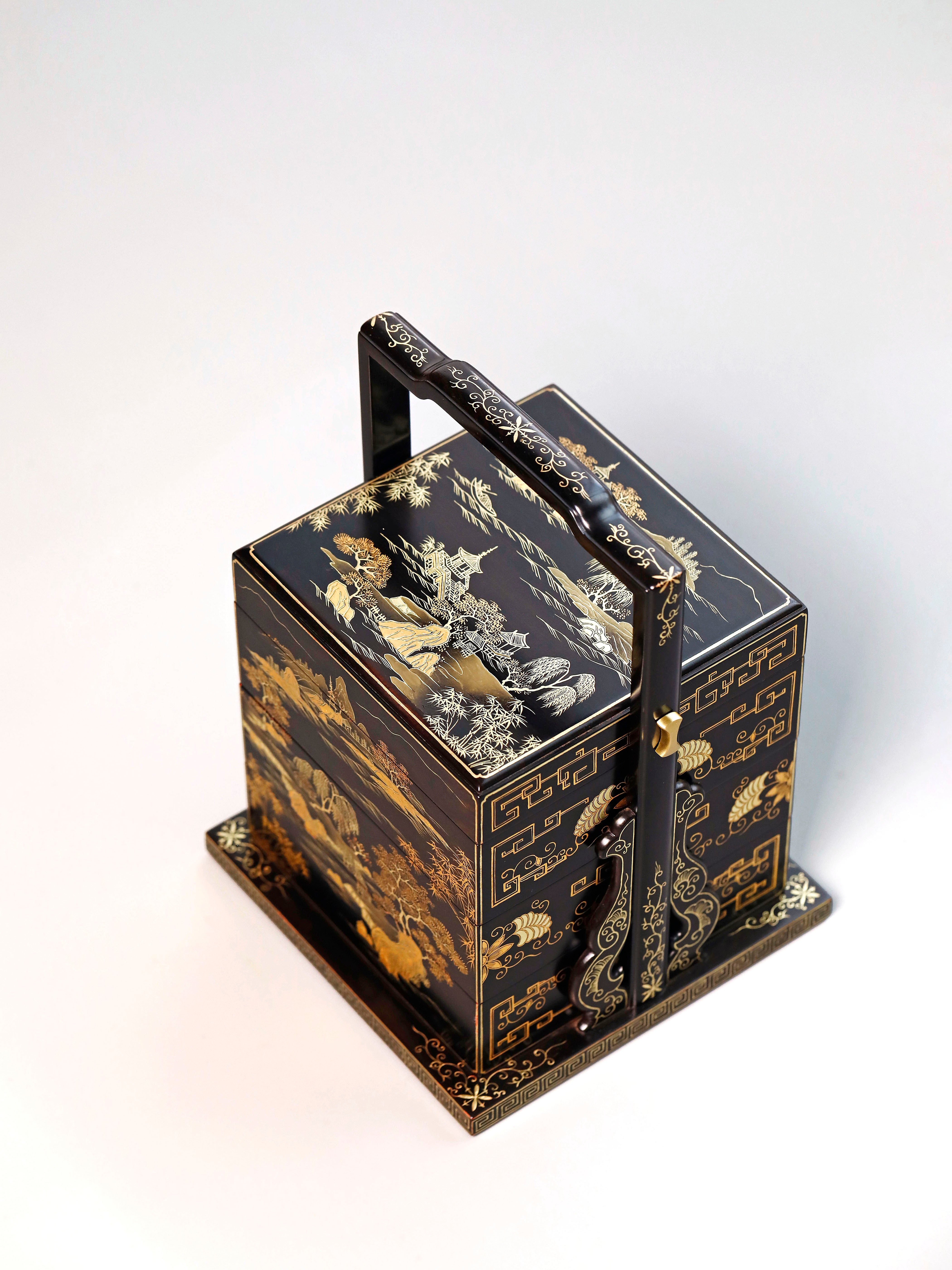 Purple sandalwood square box with gold-painted landscape design