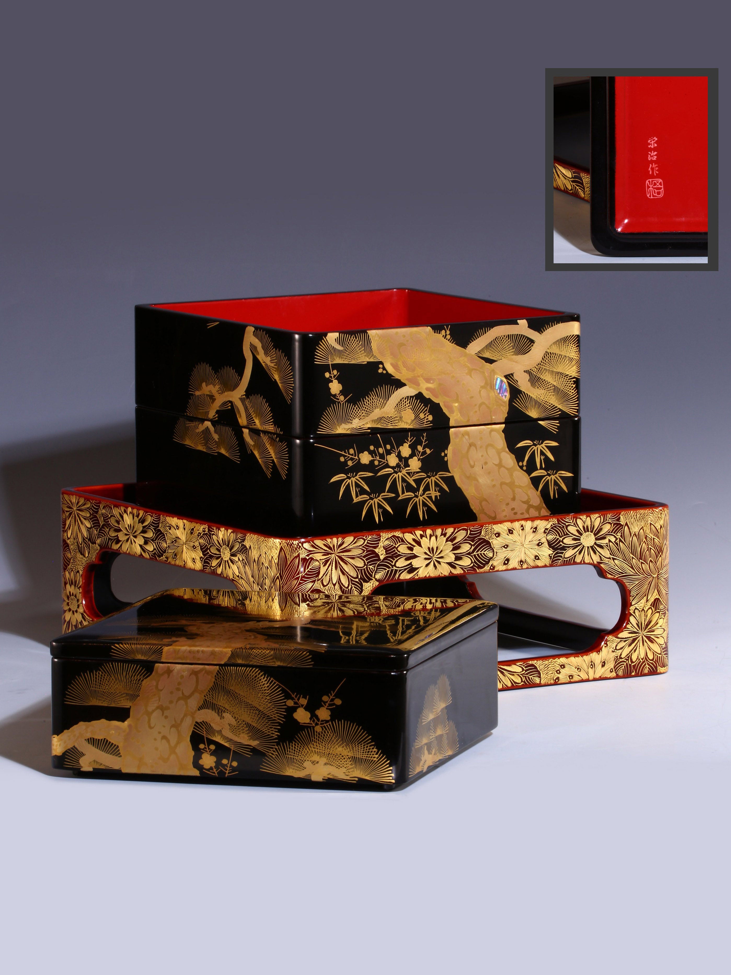 Japanese Meiji period tea box with pine, bamboo, and plum design, tea stall with chrysanthemum pattern.