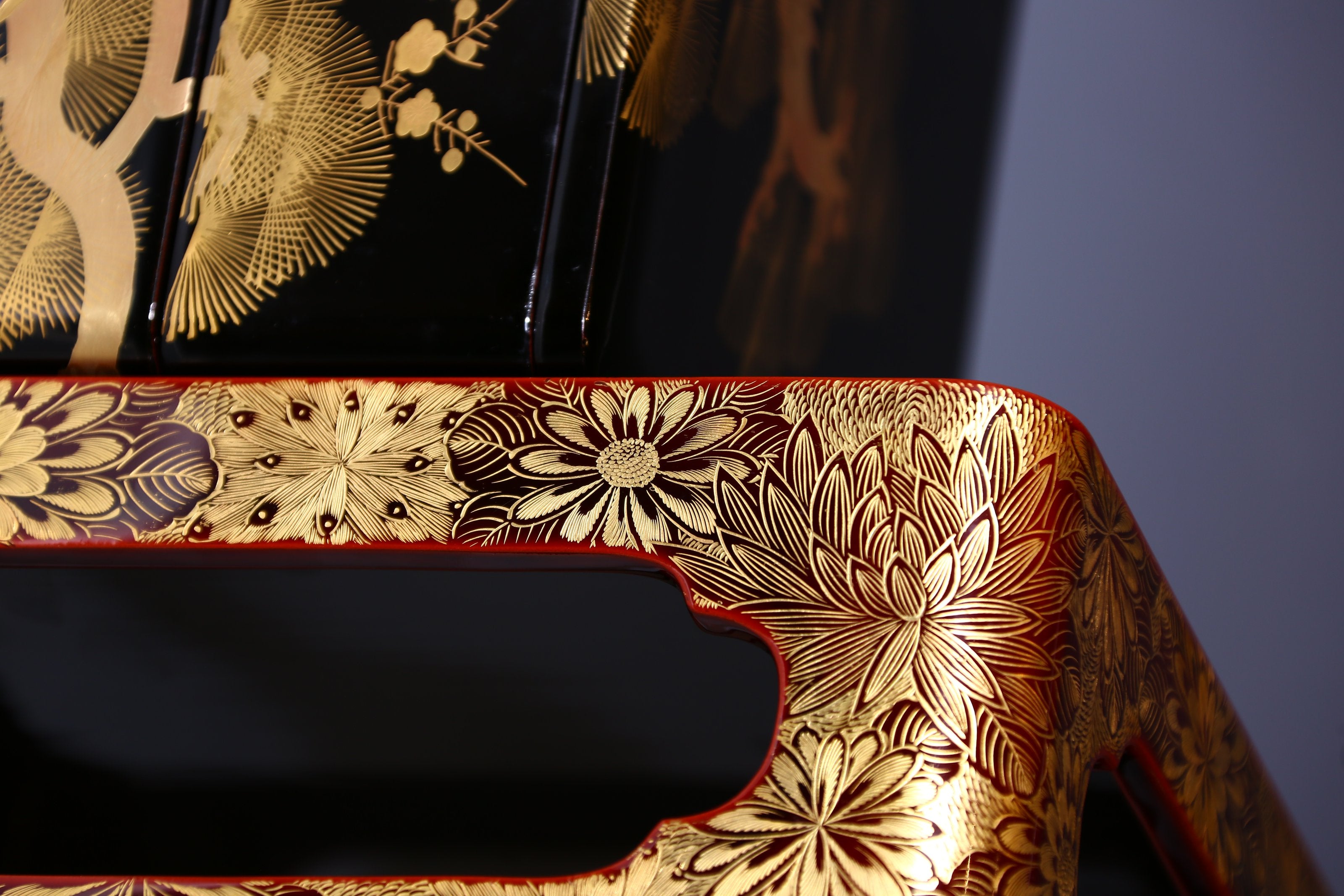 Japanese Meiji period tea box with pine, bamboo, and plum design, tea stall with chrysanthemum pattern.