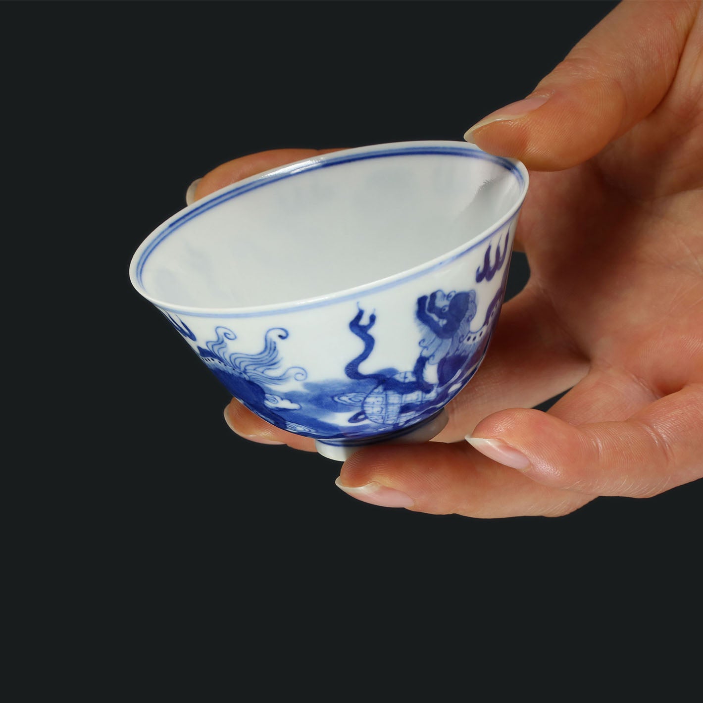 Lion Dance and Ball Bell Cup / Double Lion Embroidered Ball Blue and White Cup