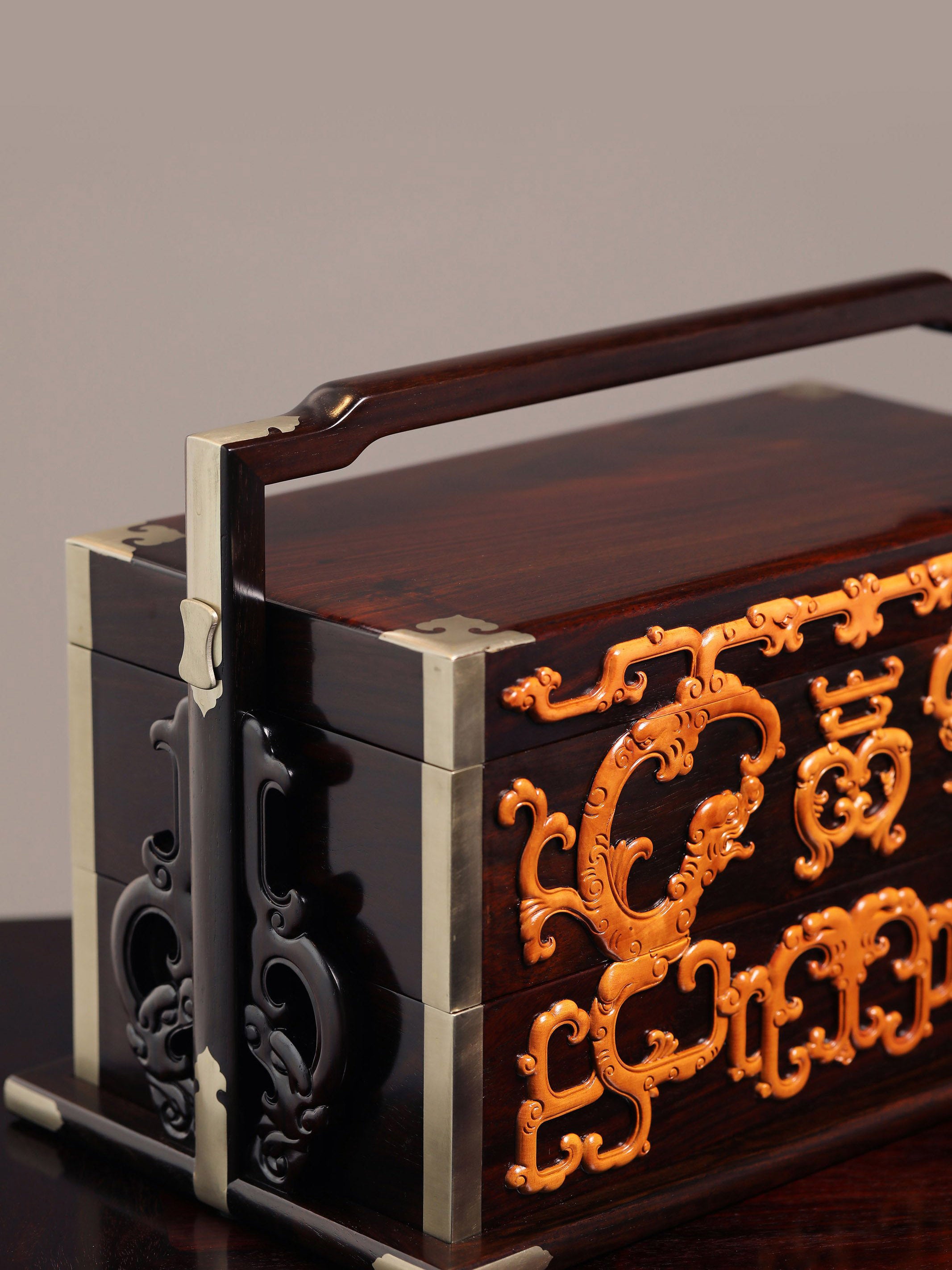 Double-layered box made of rosewood inlaid with boxwood dragons and longevity symbols