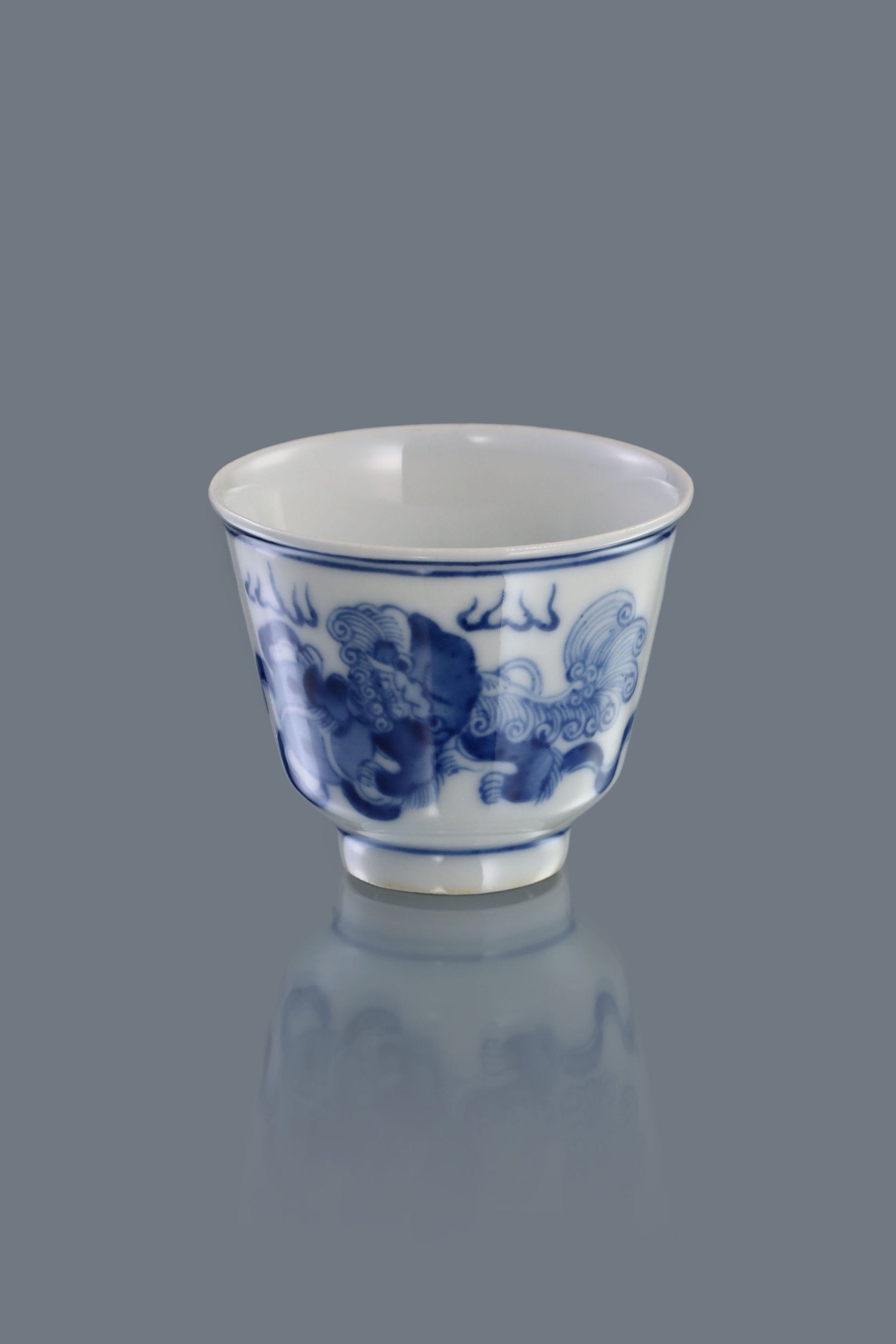 Lion Dance and Ball Bell Cup / Double Lion Embroidered Ball Blue and White Cup