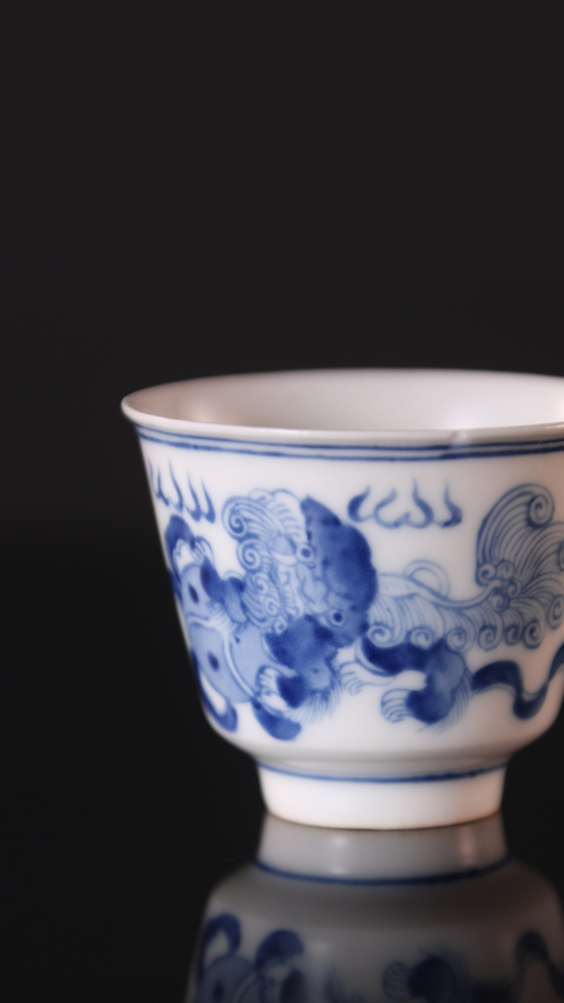 Lion Dance and Ball Bell Cup / Double Lion Embroidered Ball Blue and White Cup