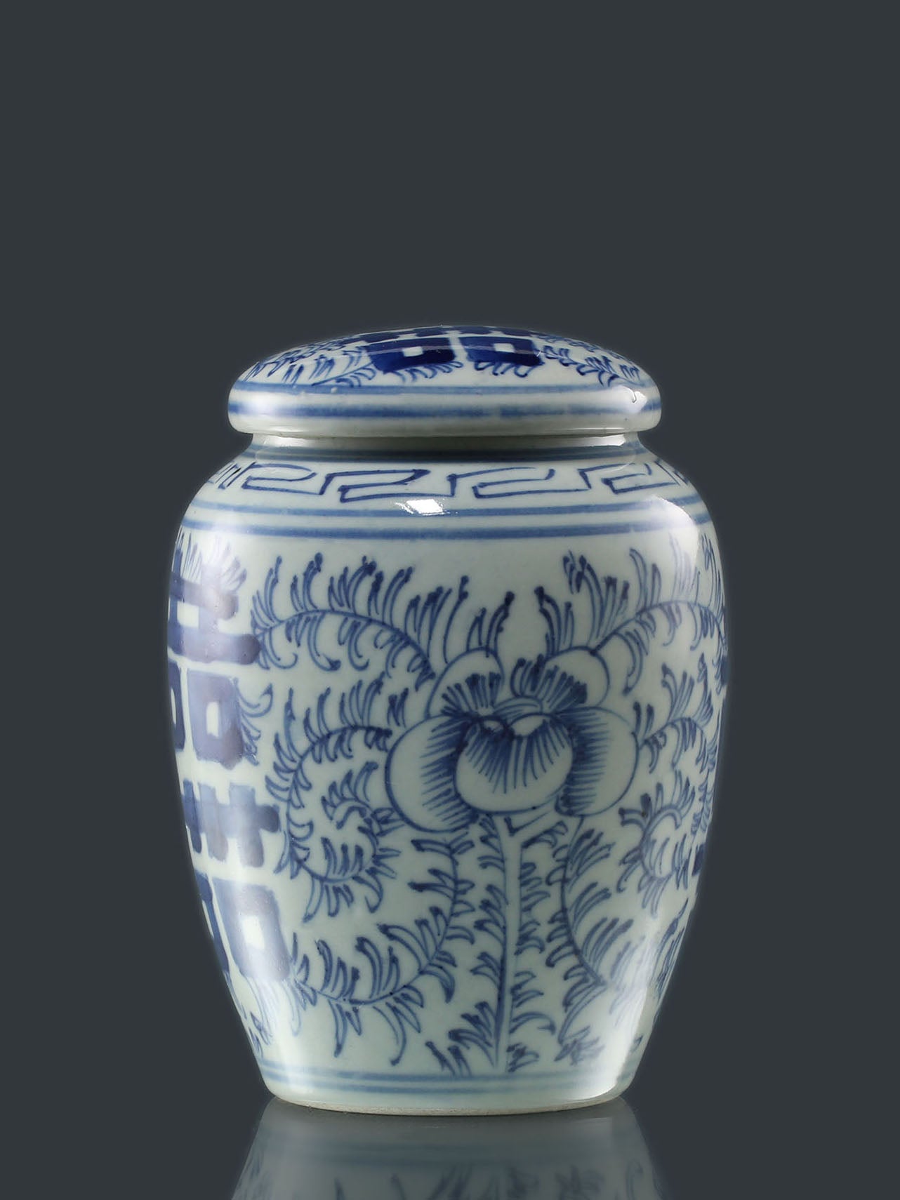 Blue and white porcelain tea canister with auspicious floral patterns