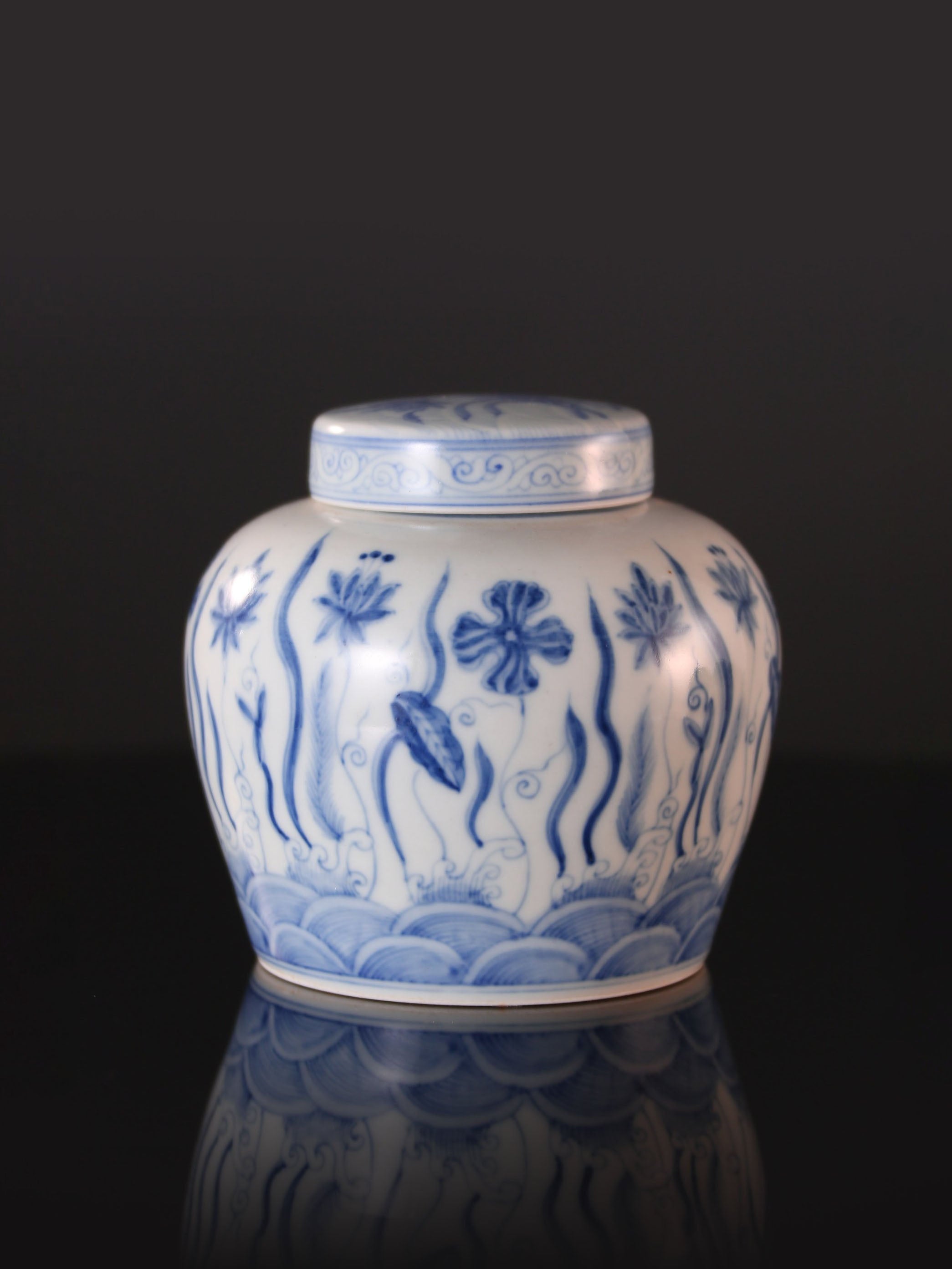 Blue and white algae pattern tea caddy