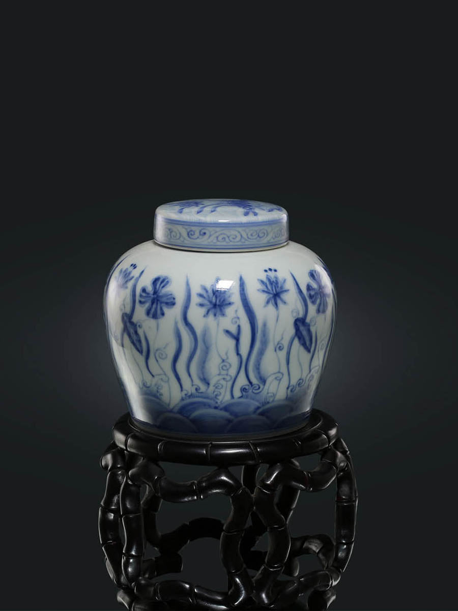 Blue and white algae pattern tea caddy