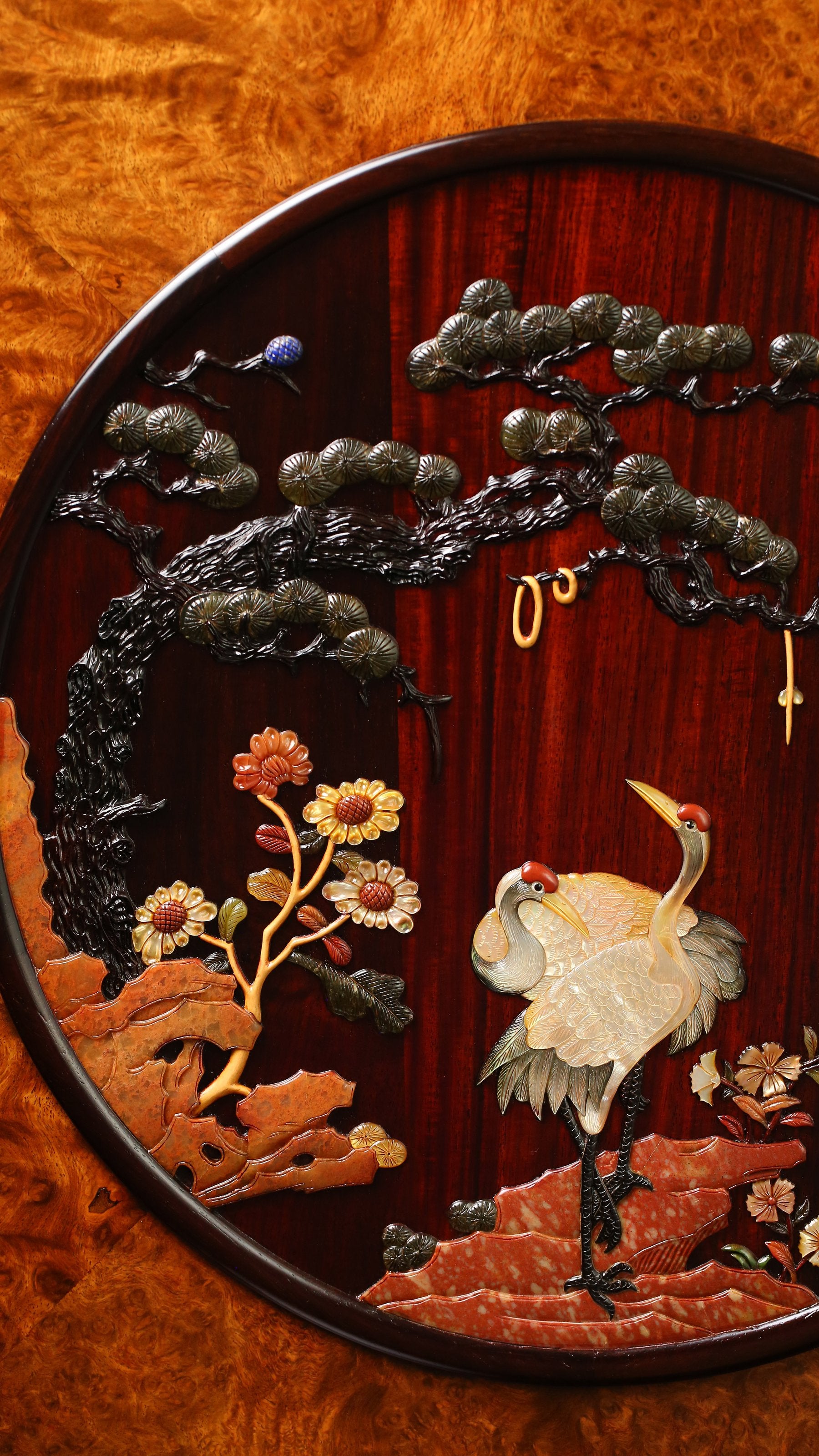 Rosewood Burl Screen Inlaid with Pine and Crane Designs for Longevity