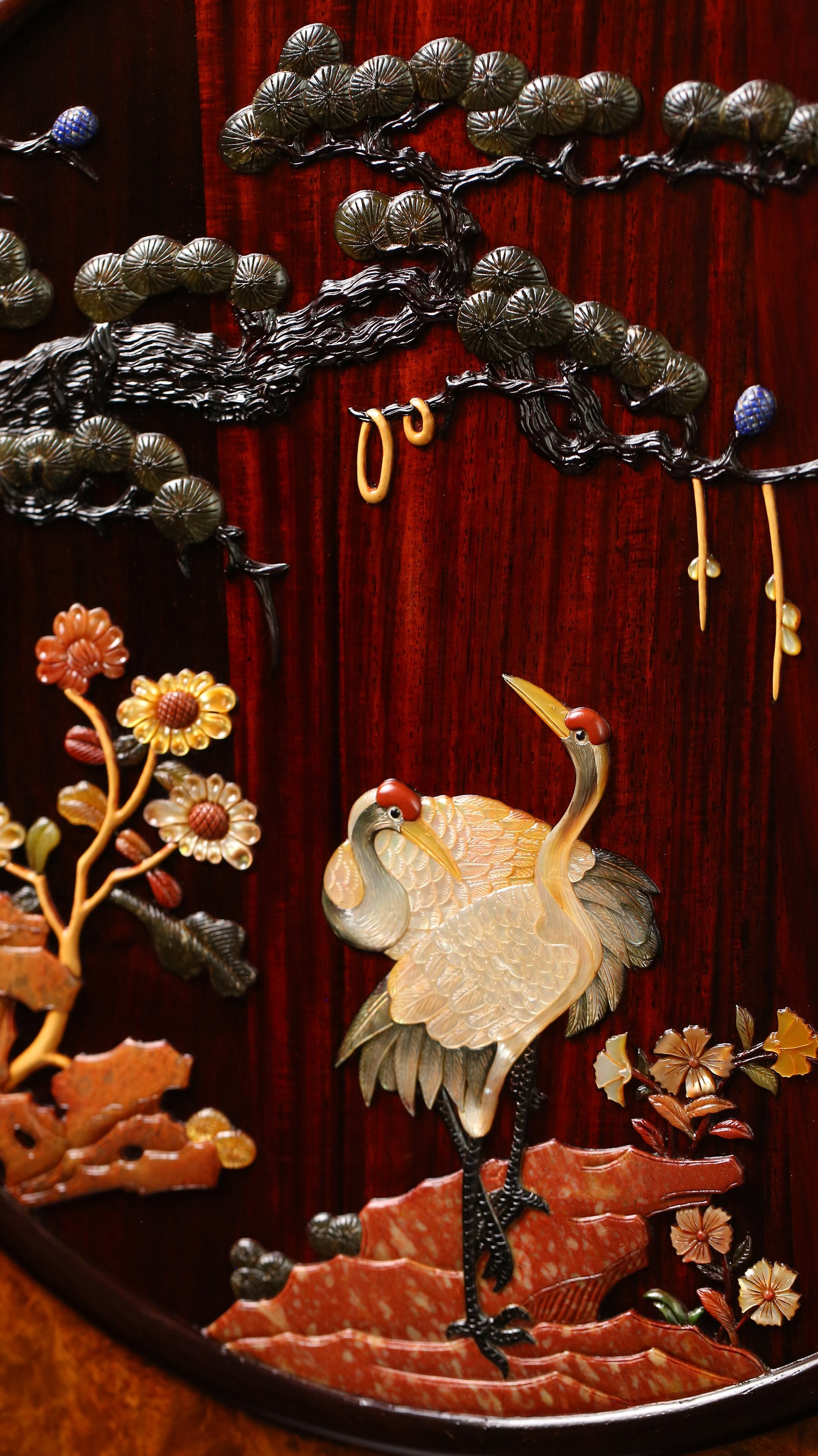 Rosewood Burl Screen Inlaid with Pine and Crane Designs for Longevity