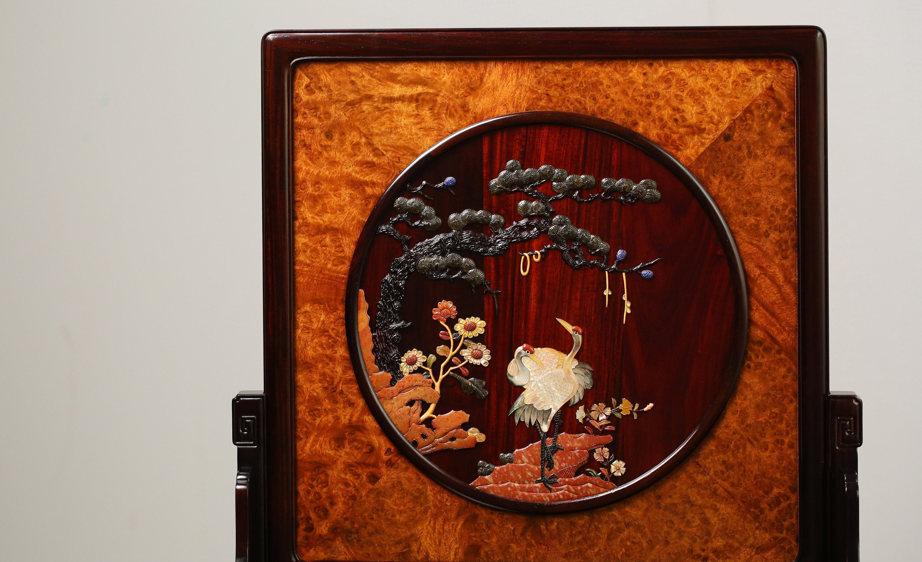 Rosewood Burl Screen Inlaid with Pine and Crane Designs for Longevity