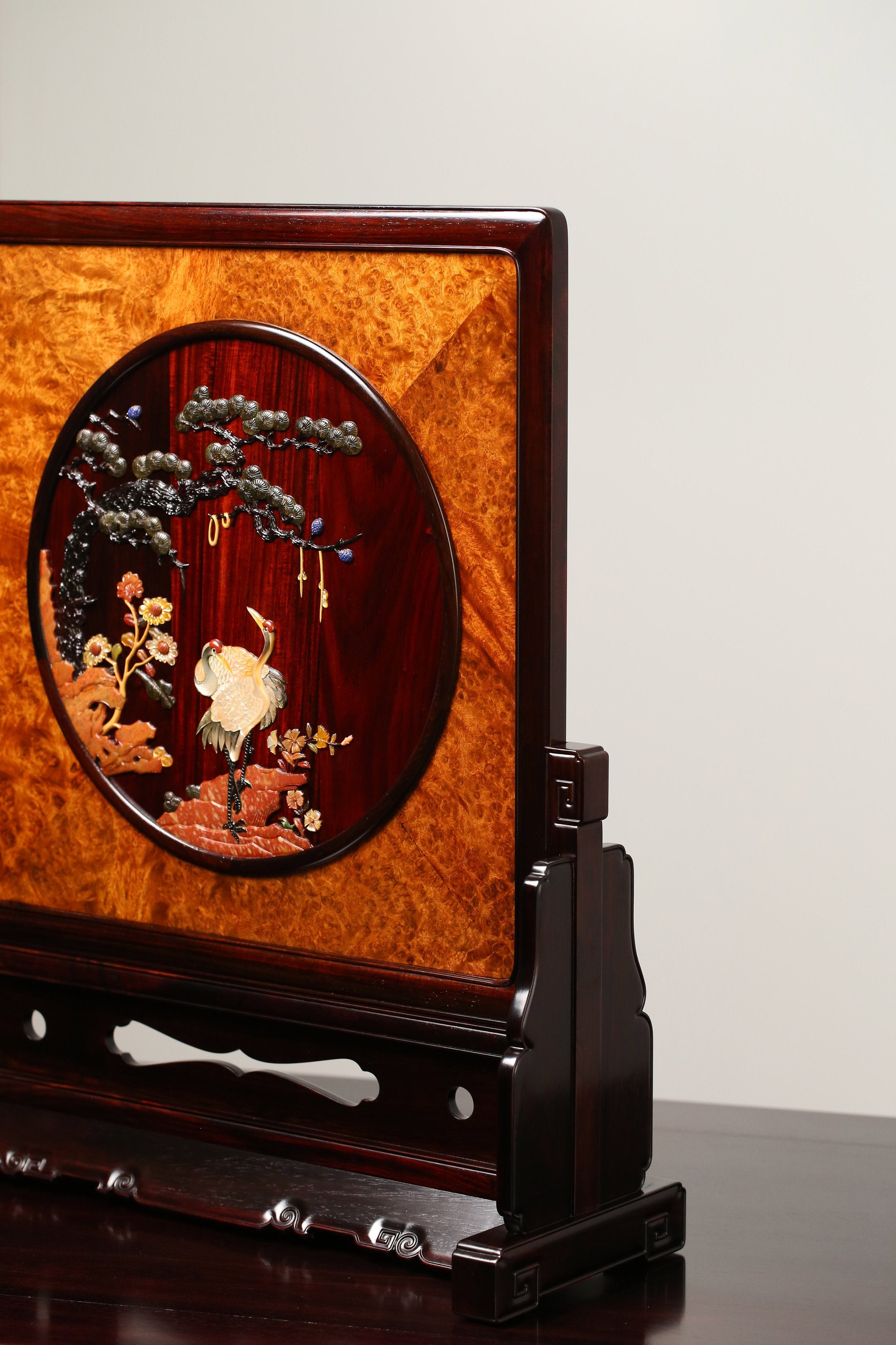 Rosewood Burl Screen Inlaid with Pine and Crane Designs for Longevity