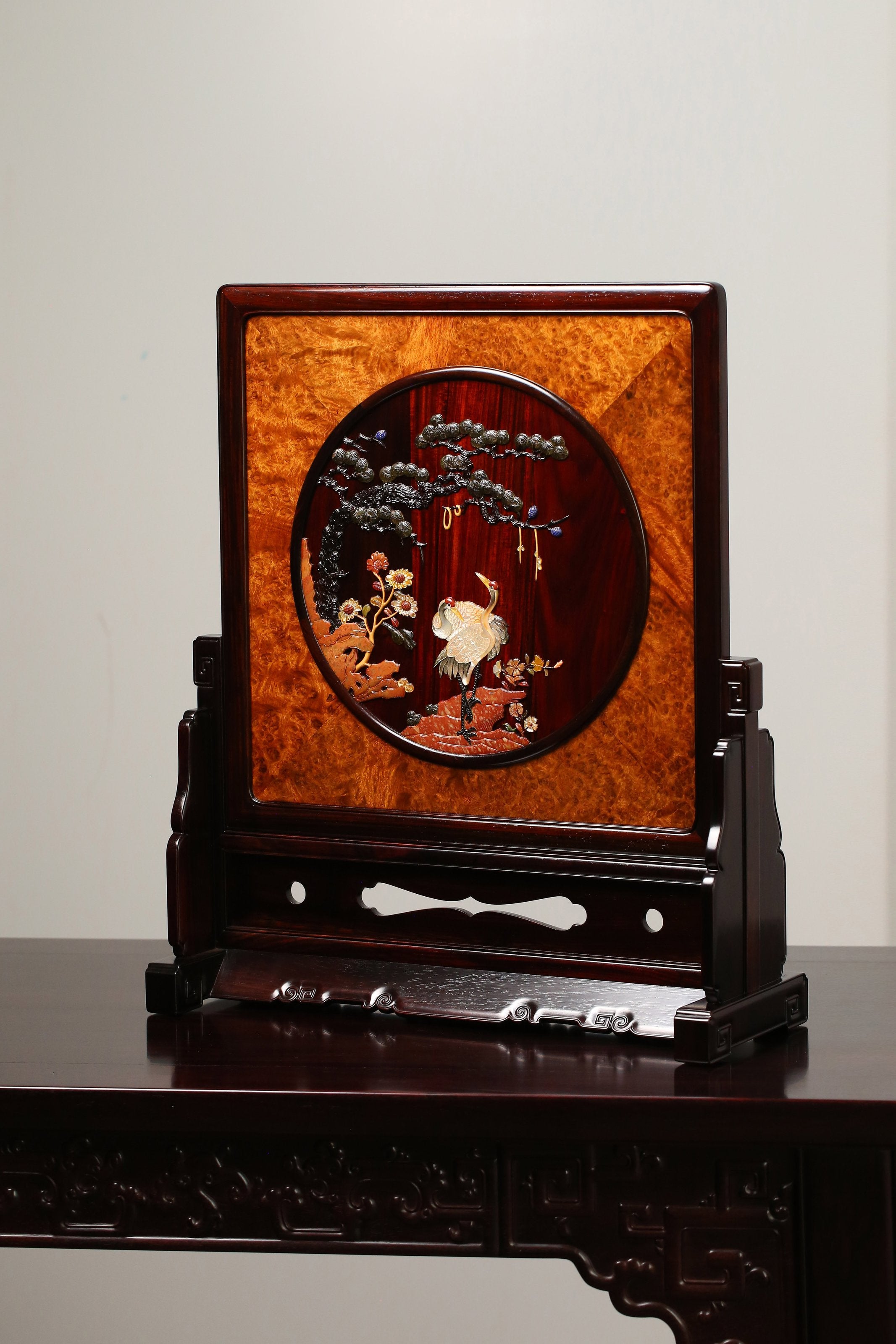 Rosewood Burl Screen Inlaid with Pine and Crane Designs for Longevity
