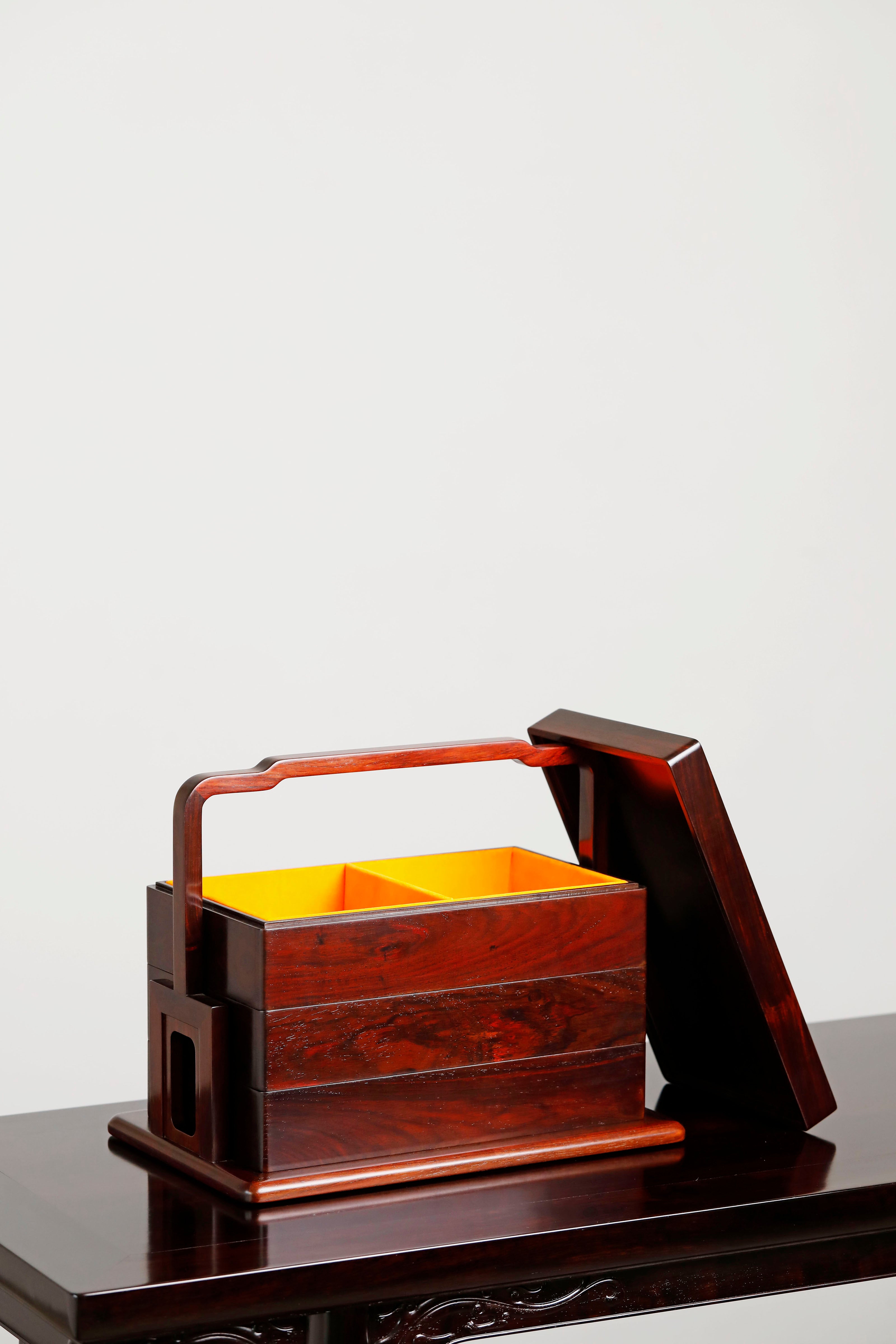 Plain three-layered box made of rosewood