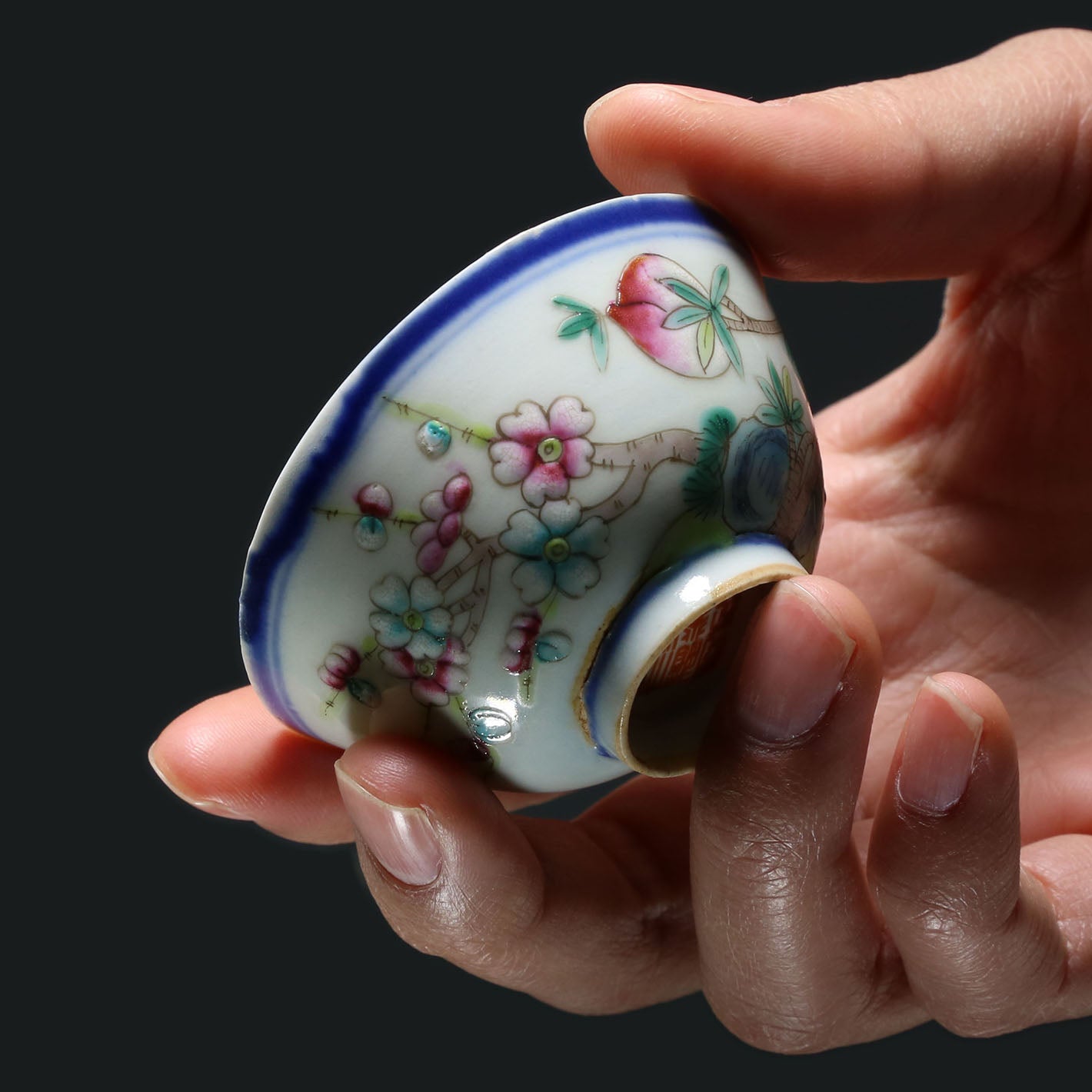 Double Flying Together / Blessed with Longevity and Happiness / Peach Blossoms in Full Bloom Doucai Cup